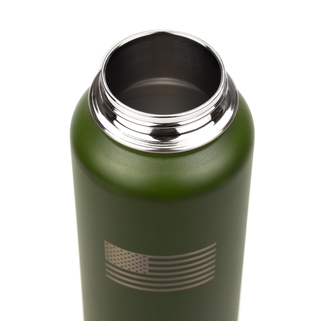 opened Green thermos bottle with silver rim on a white background