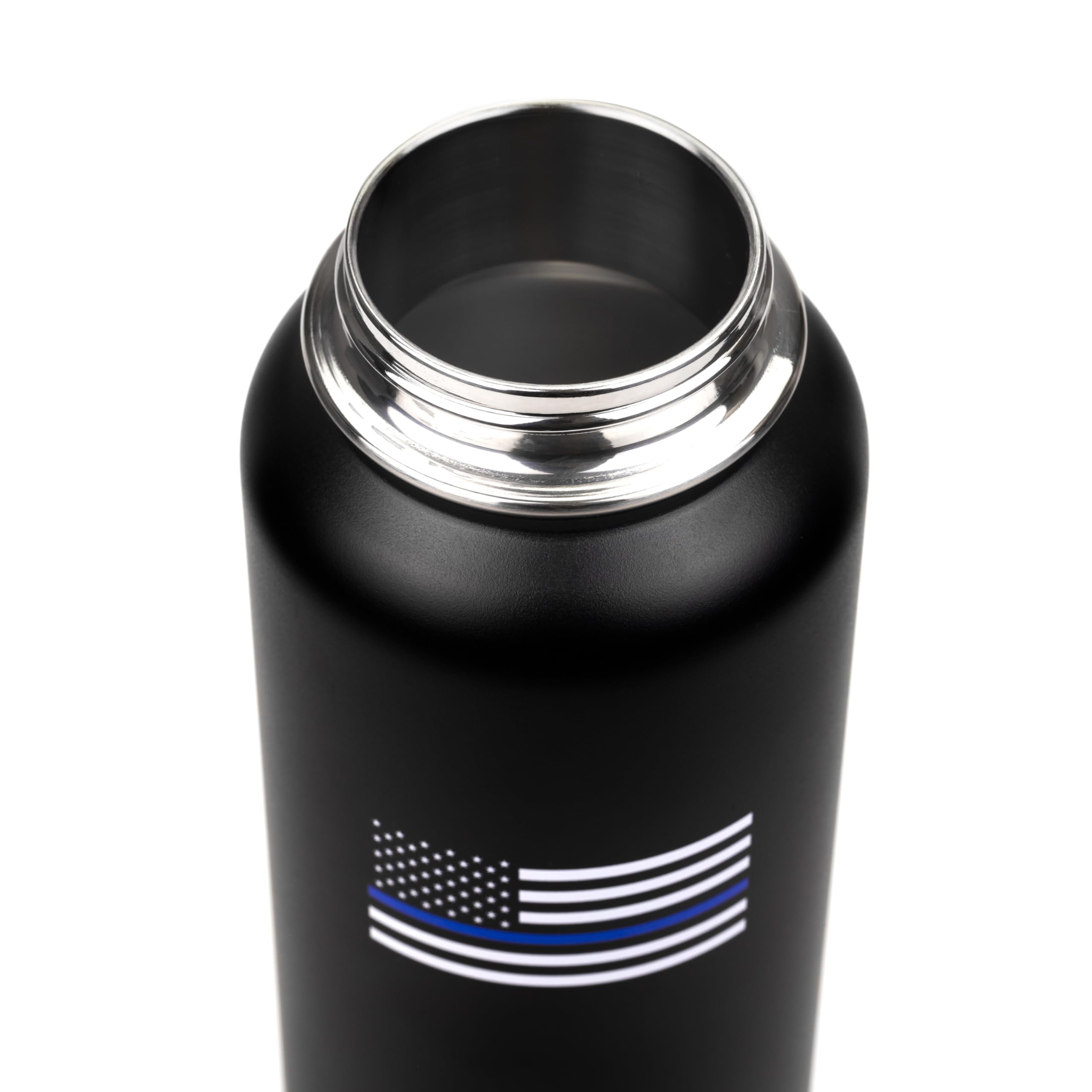 Black water bottle with American flag design featuring a thin blue line on a white background