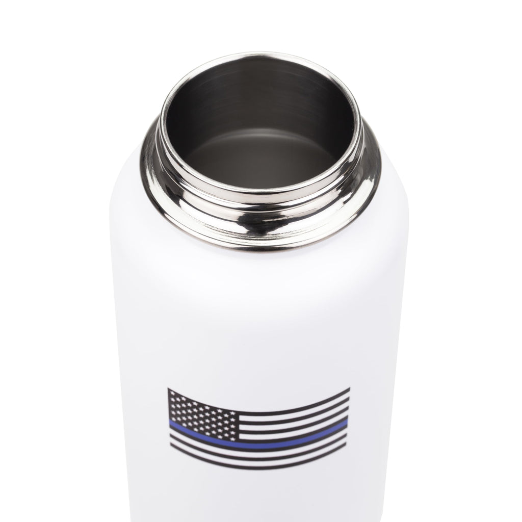 White thermos with a thin blue line flag design on a white background