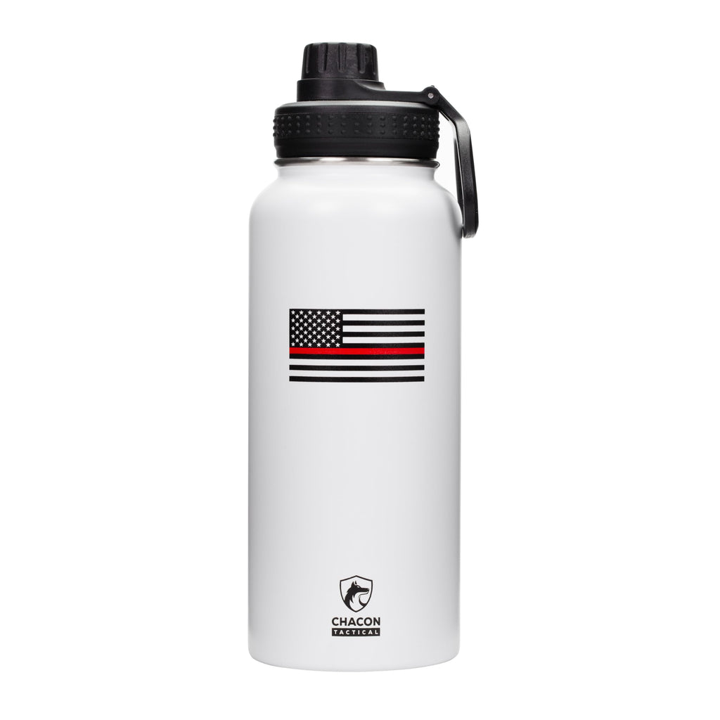 White water bottle with thin red line flag design and Chacon Packaging logo on a white background