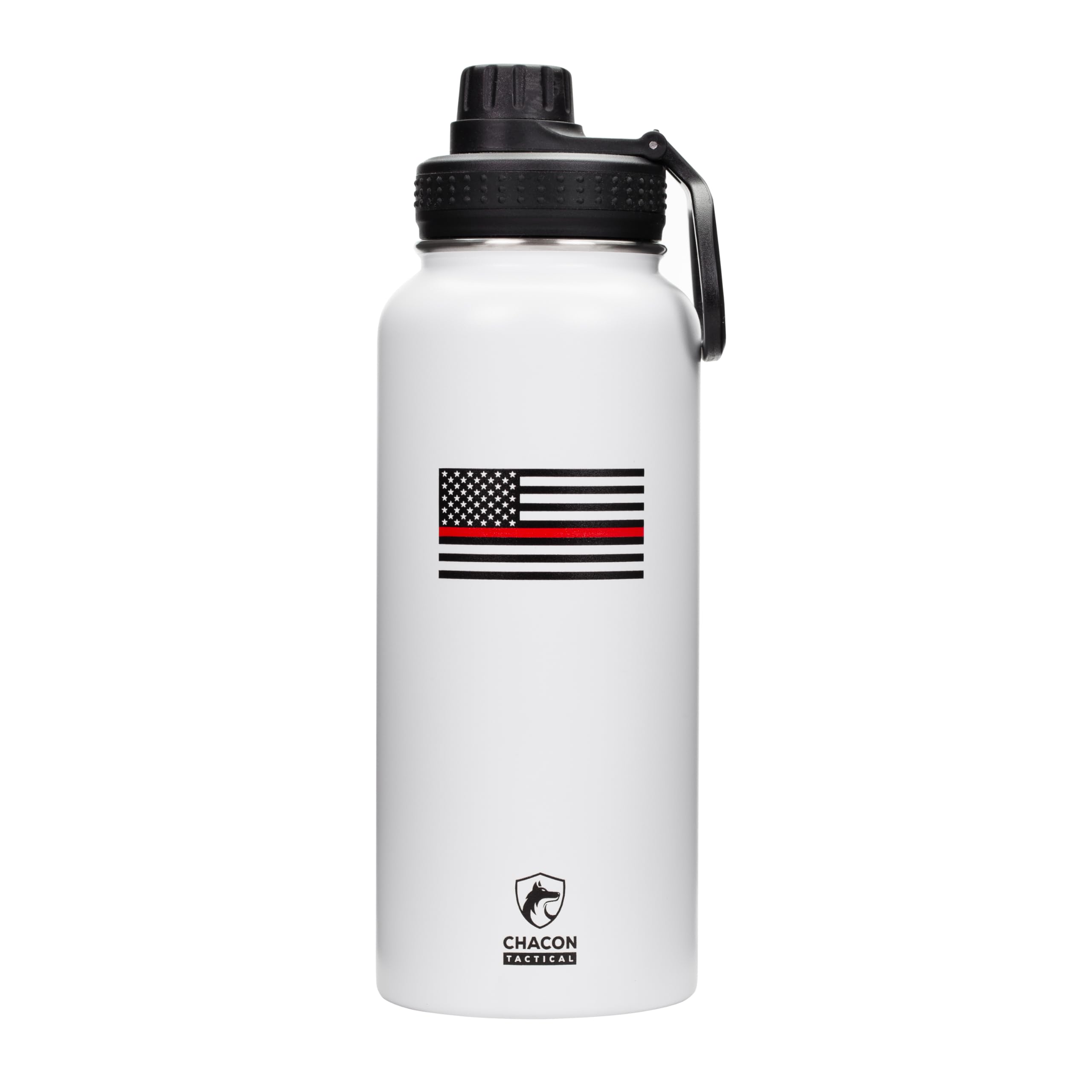 White water bottle with thin red line flag design and Chacon Packaging logo on a white background