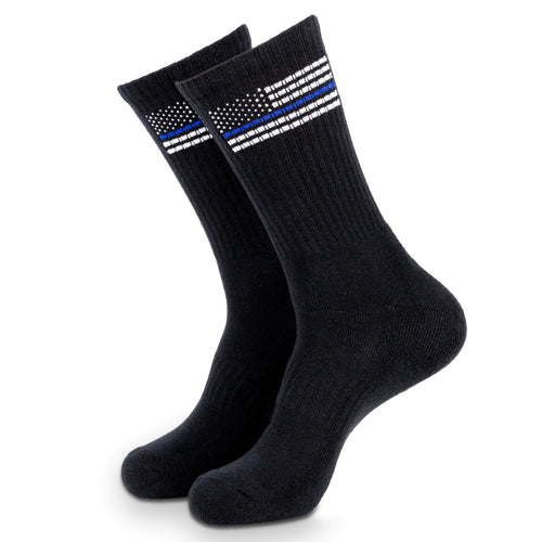 Black socks with a thin blue line design on a white background