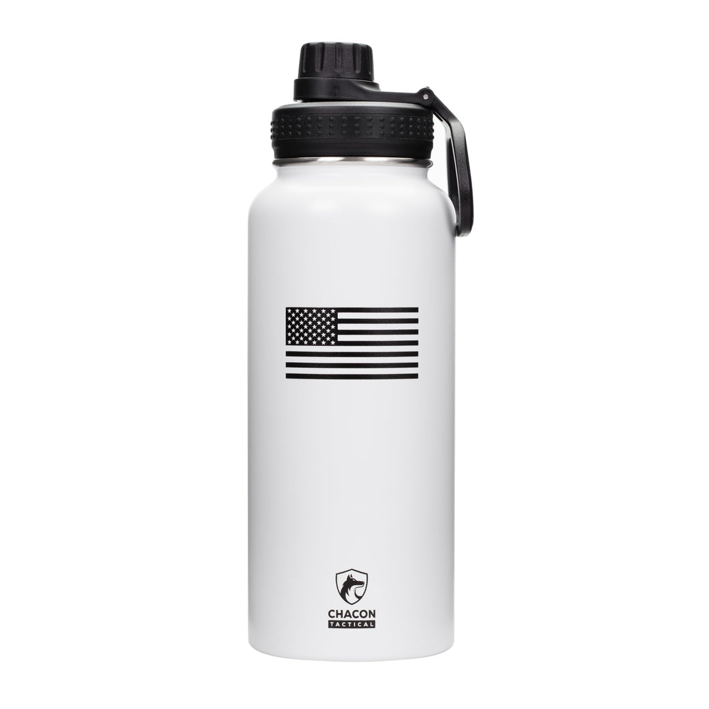 White water bottle with American flag design and Chacon Tactical logo on a white background