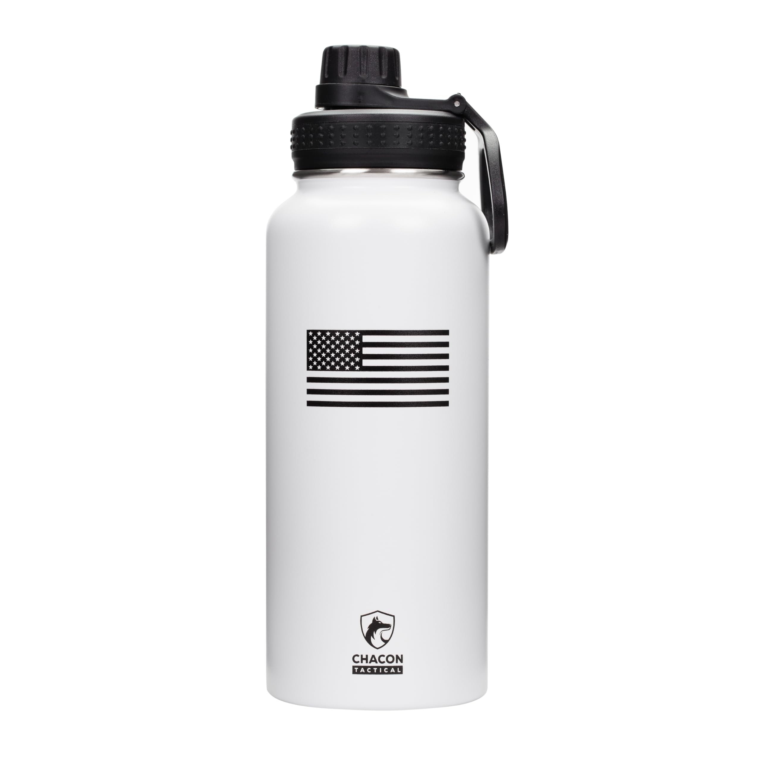 White water bottle with American flag design and Chacon Tactical logo on a white background