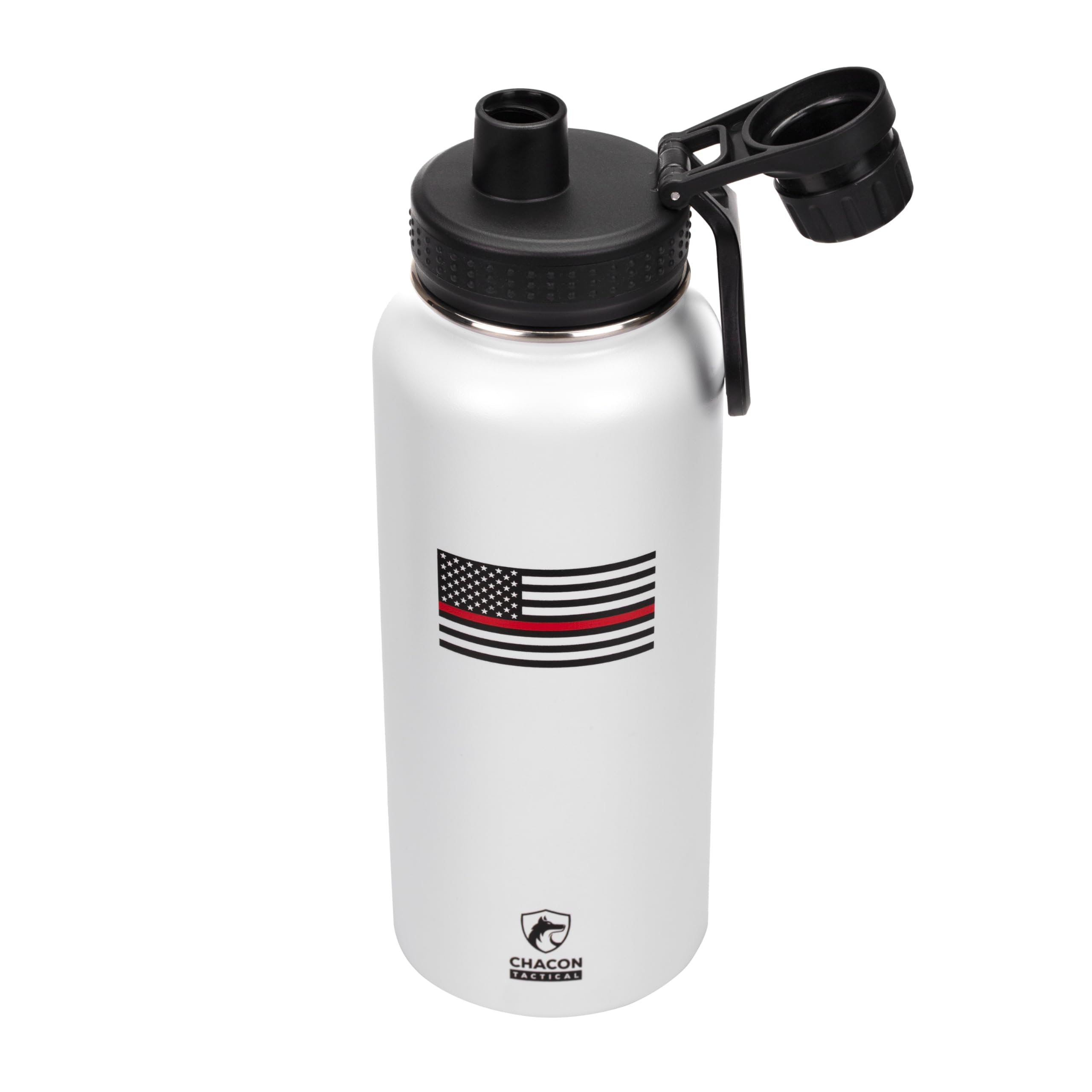 White water bottle with thin red line flag design and black lid on a white background