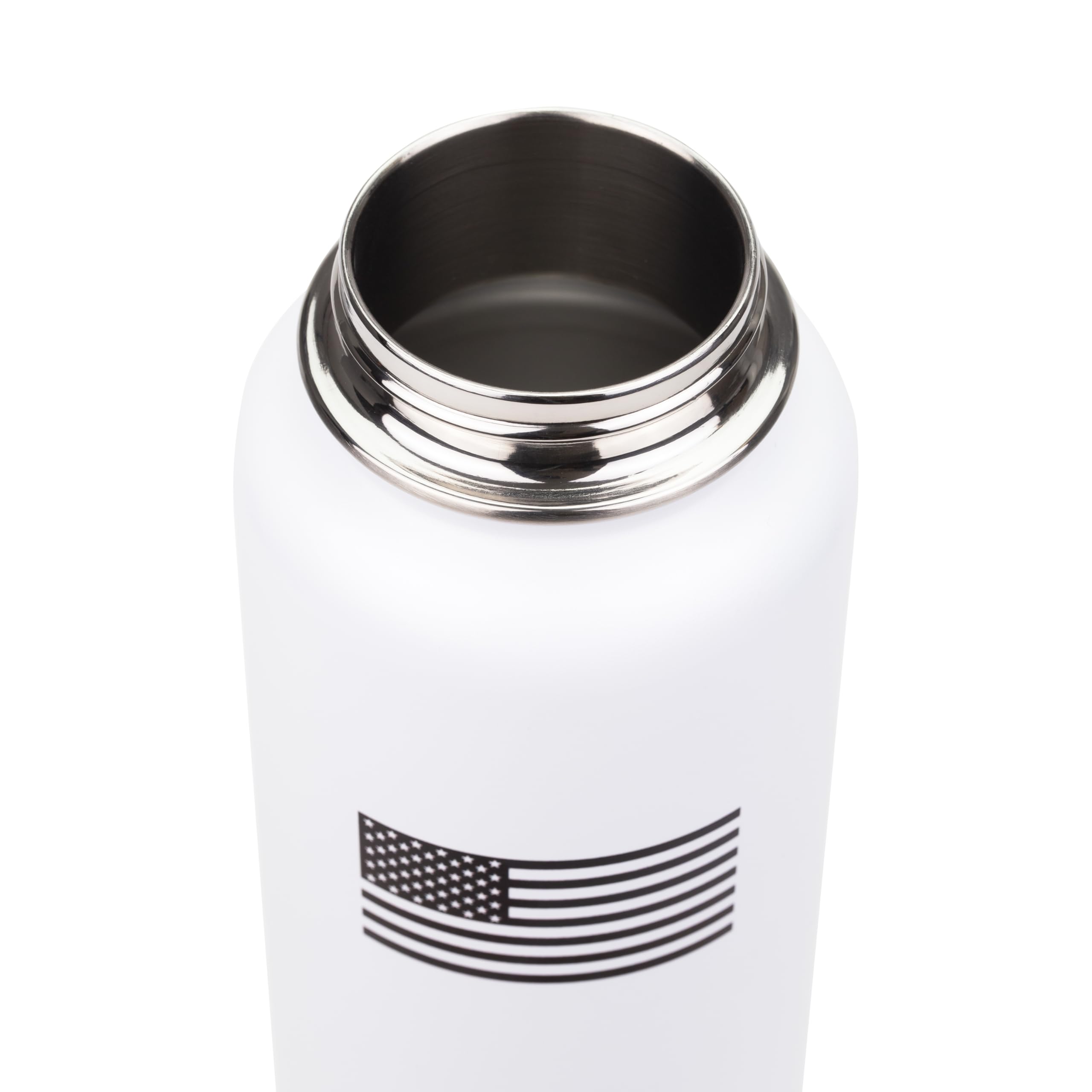 White thermos with black American flag design on a white background