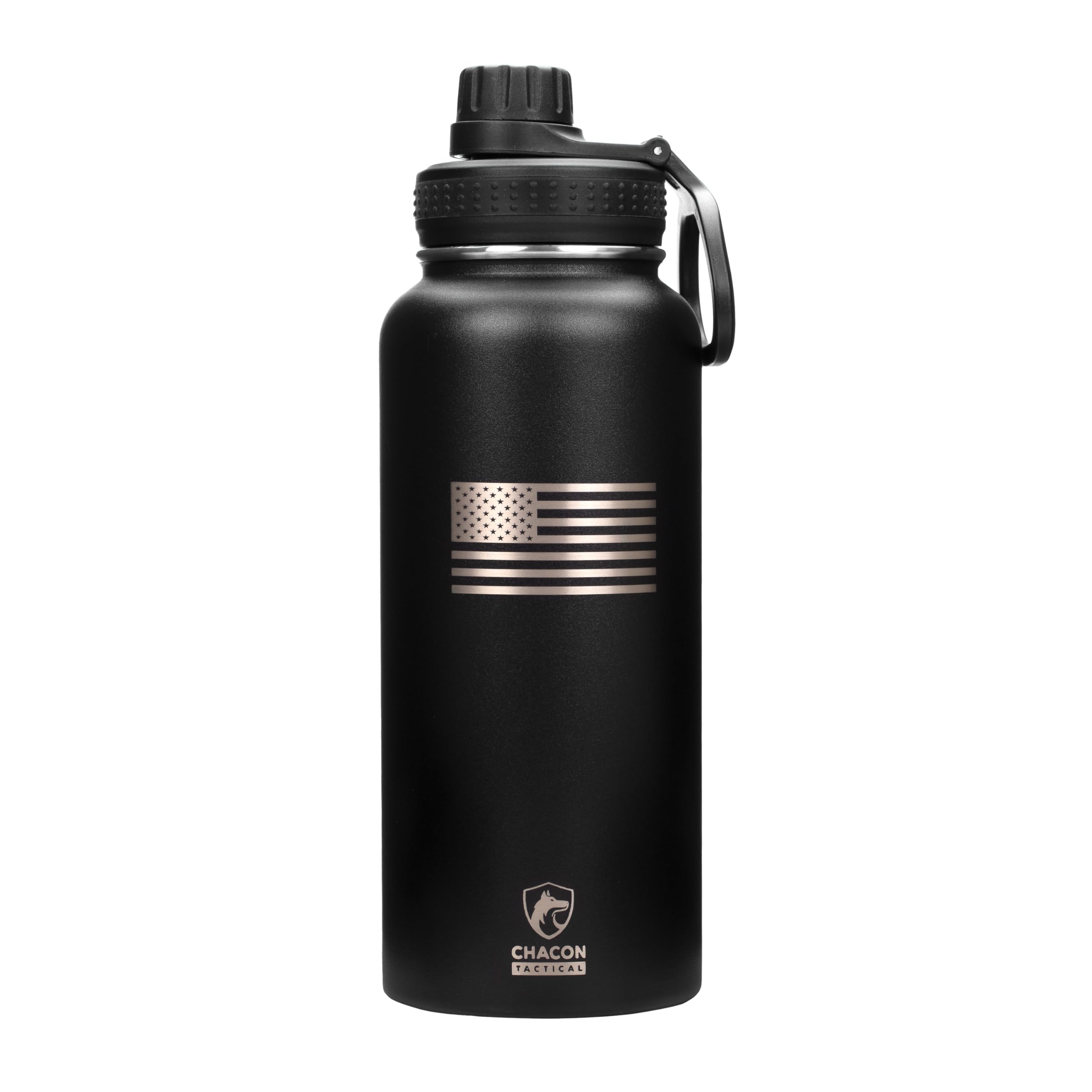 Black water bottle with silver American flag design and Chacon brand logo on a white background