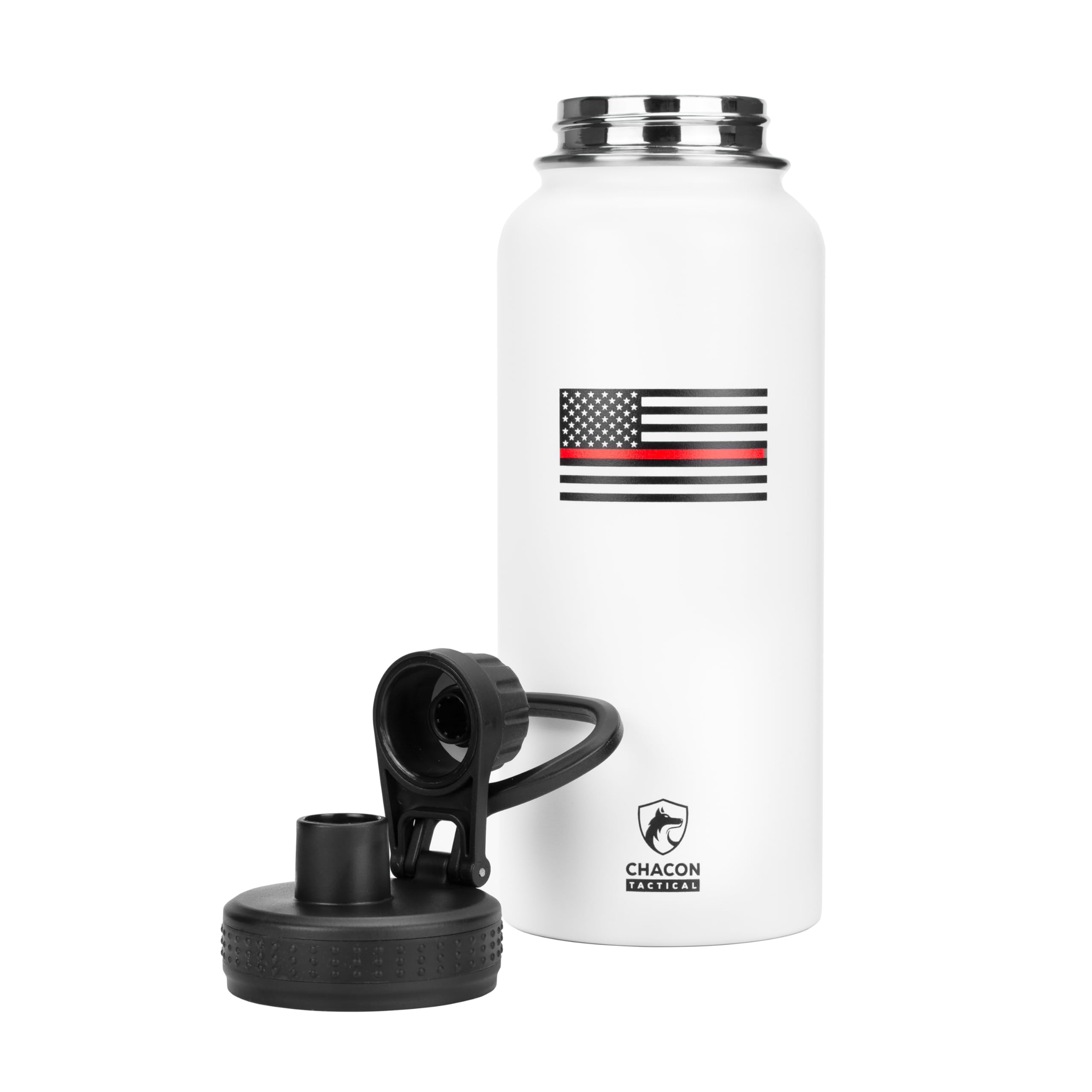 White water bottle with thin red line flag design and Chacon Tactical logo on a white background