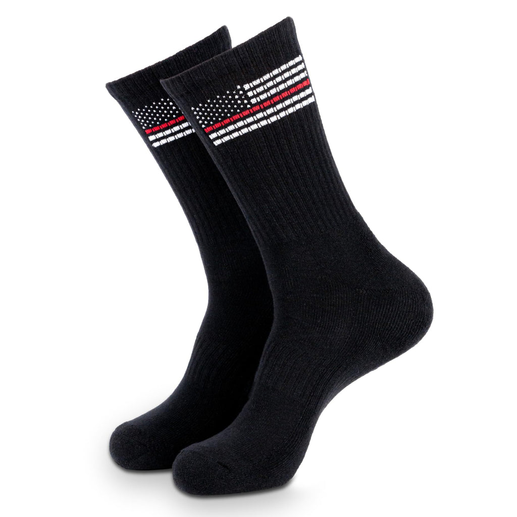 Black socks with a thin red line design on a white background