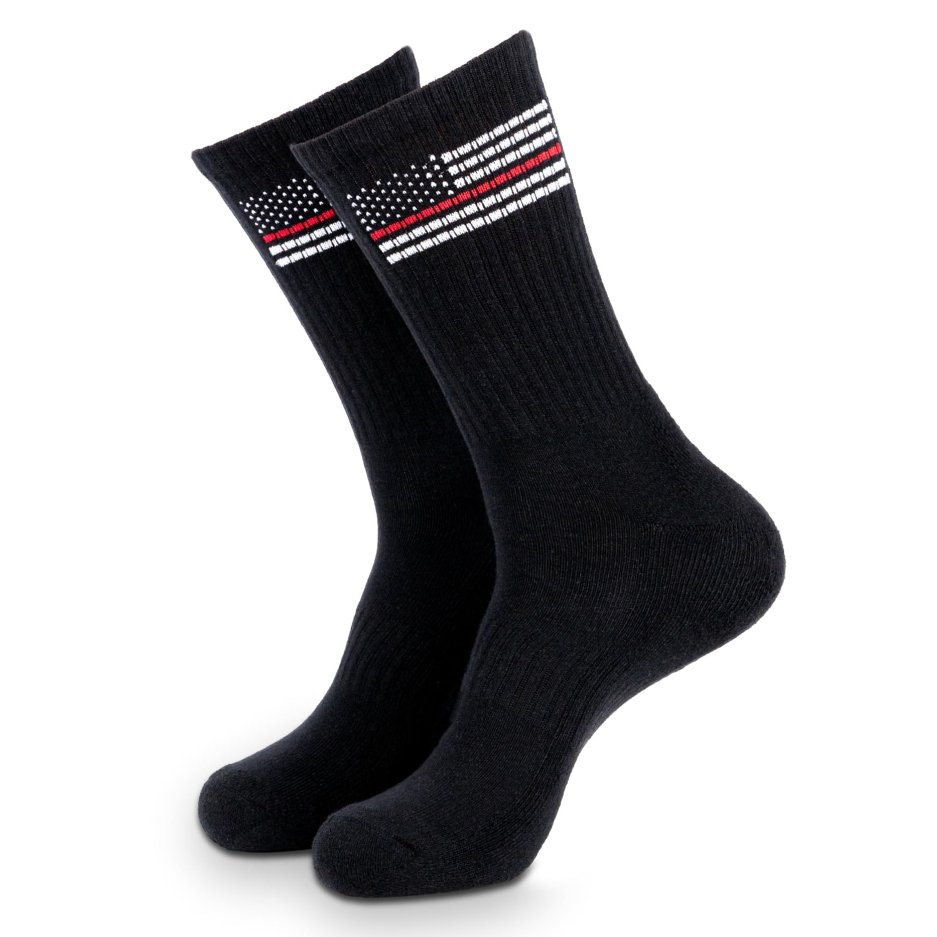 Black socks with a thin red line design on a white background