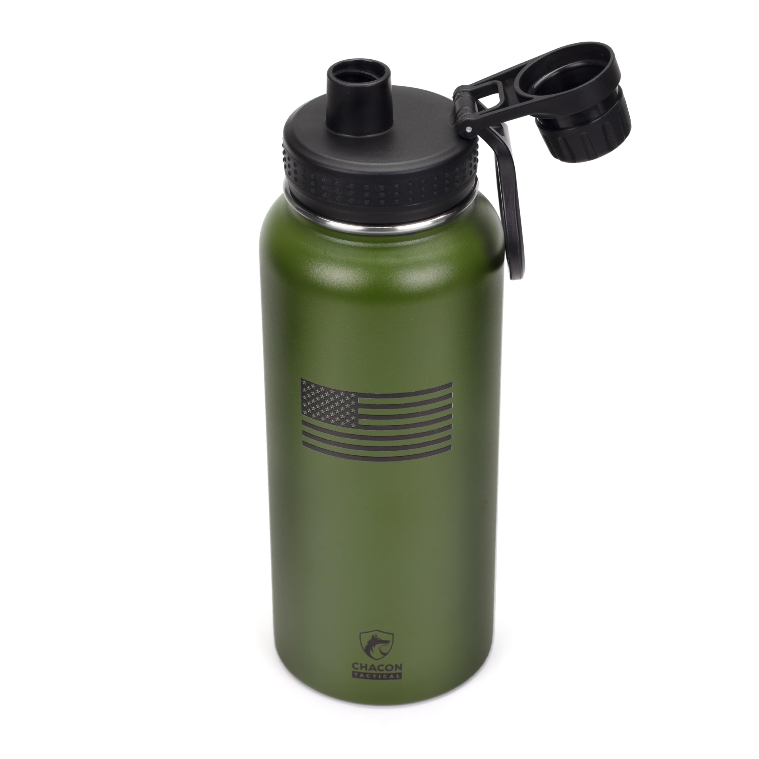 Green water bottle with black lid and American flag design on a white background