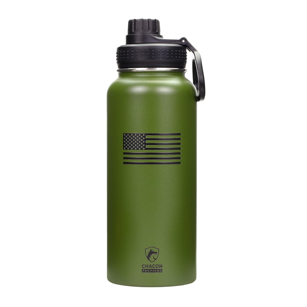 Green water bottle with American flag design and Chacon Tactical logo on a white background