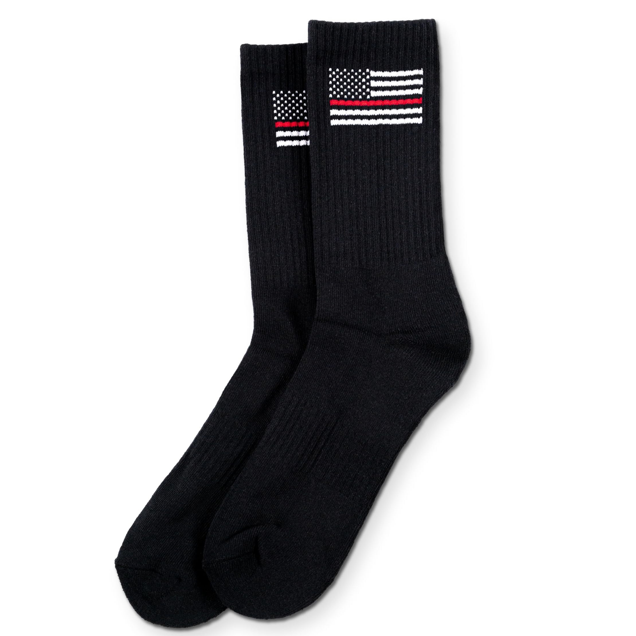 Black socks with thin red line flag design on a white background