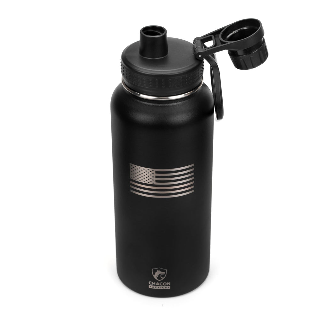 Black water bottle with silver American flag design and Chacon brand logo on a white background