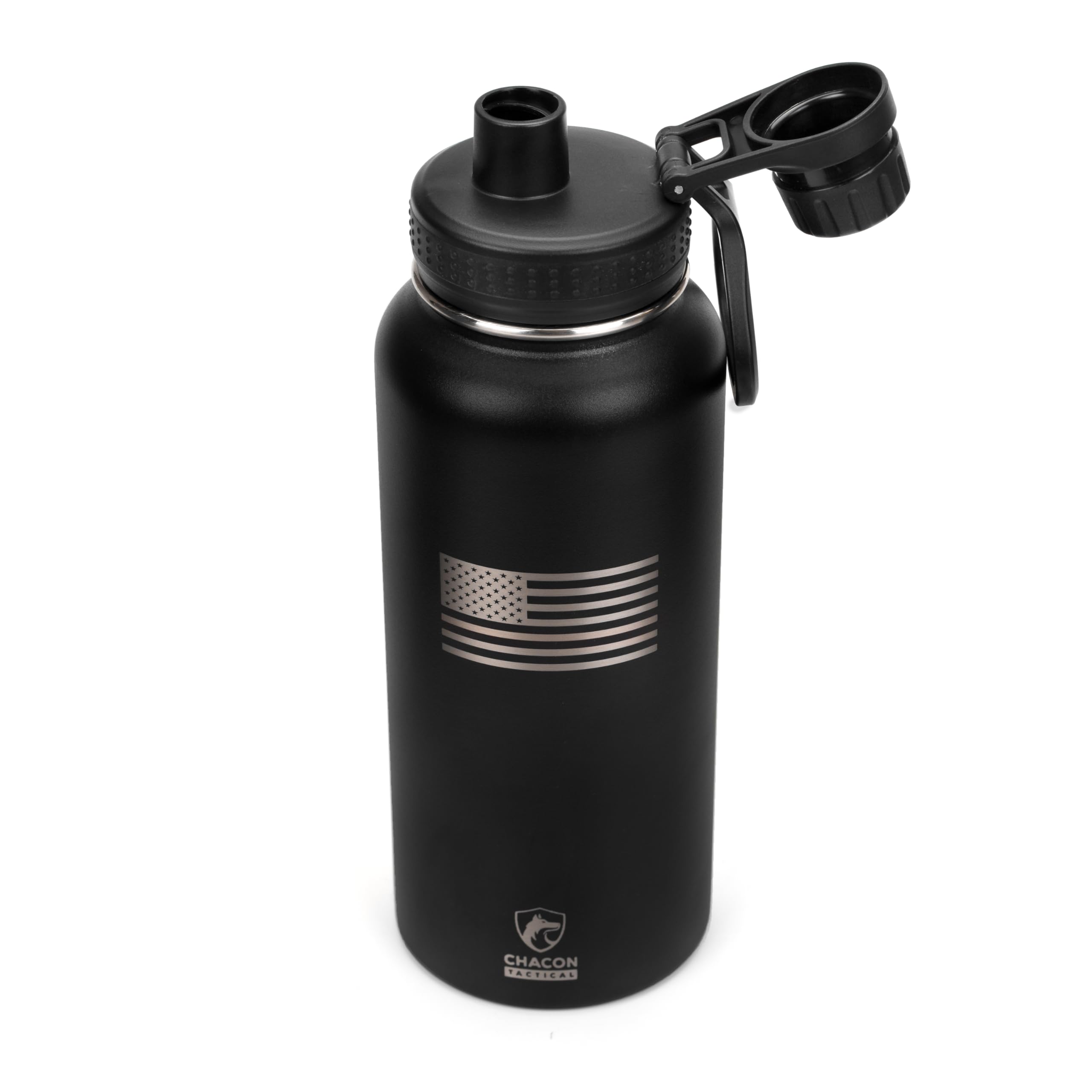 Black water bottle with silver American flag design and Chacon brand logo on a white background