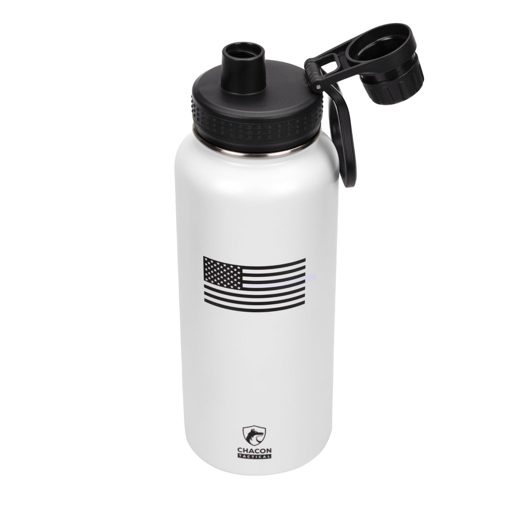 White water bottle with American flag design and black lid on a white background