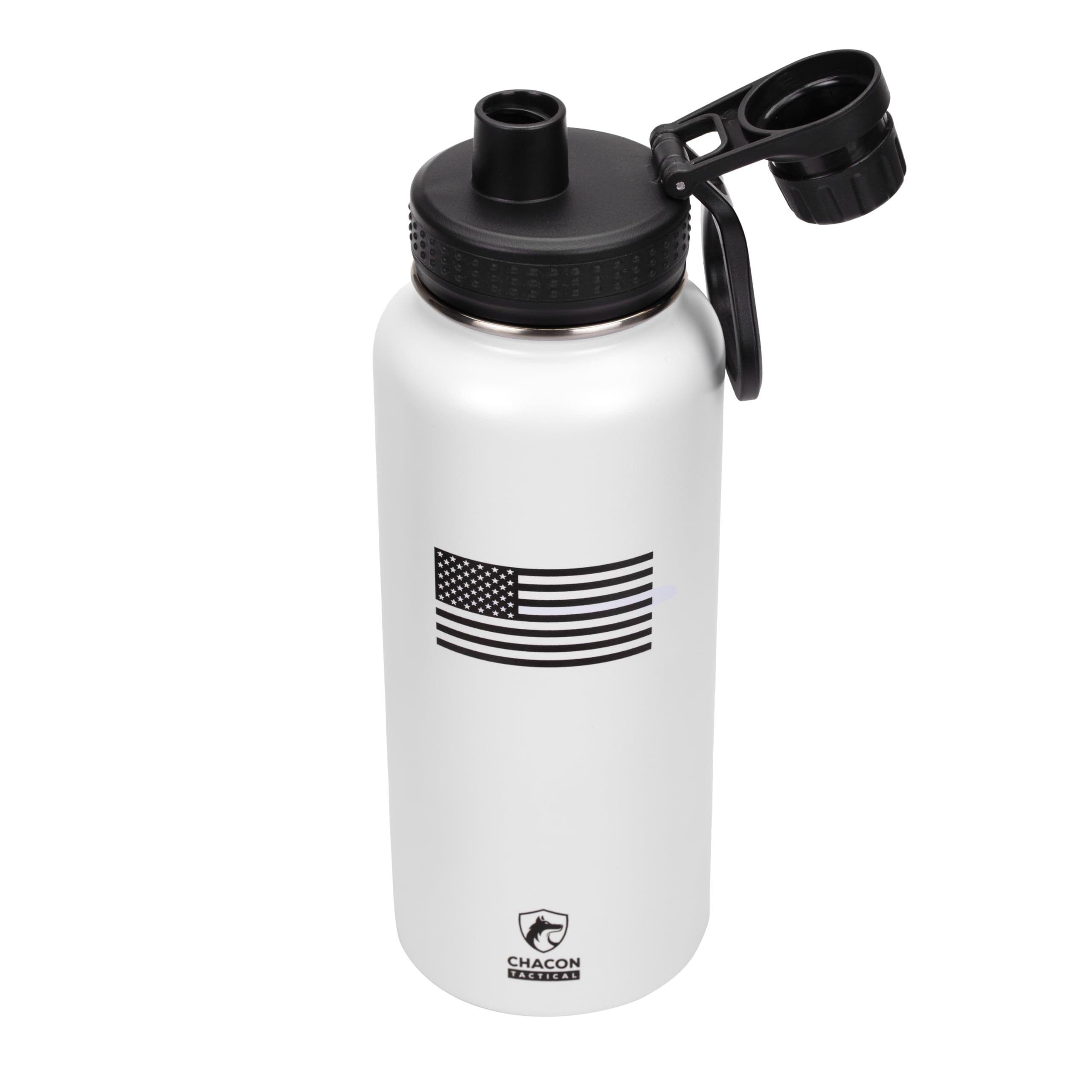 White water bottle with American flag design and black lid on a white background