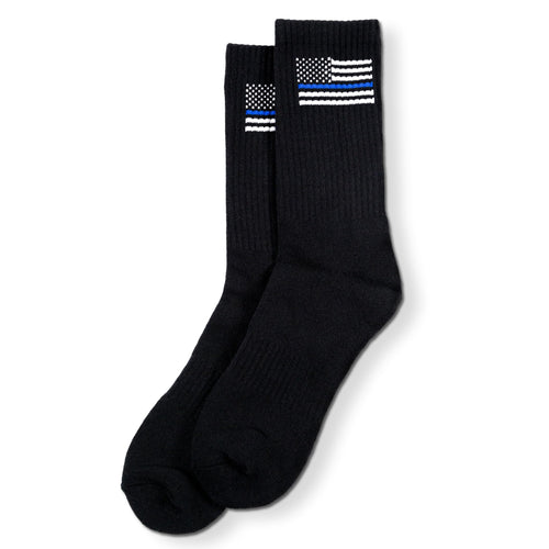 Black socks with thin blue flag design on a white background
