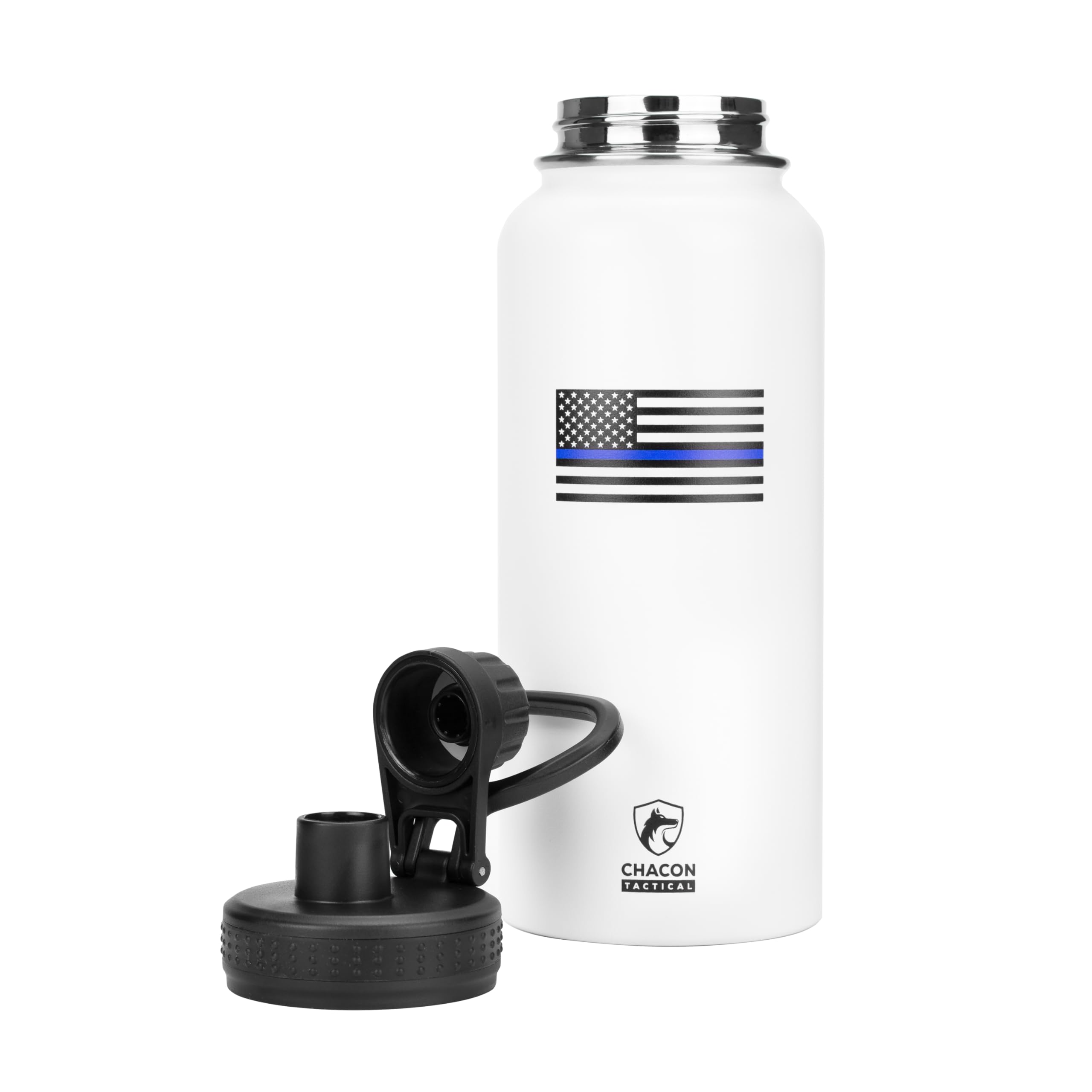 White water bottle with a thin blue line flag design and Chacon Tactical logo on a white background.