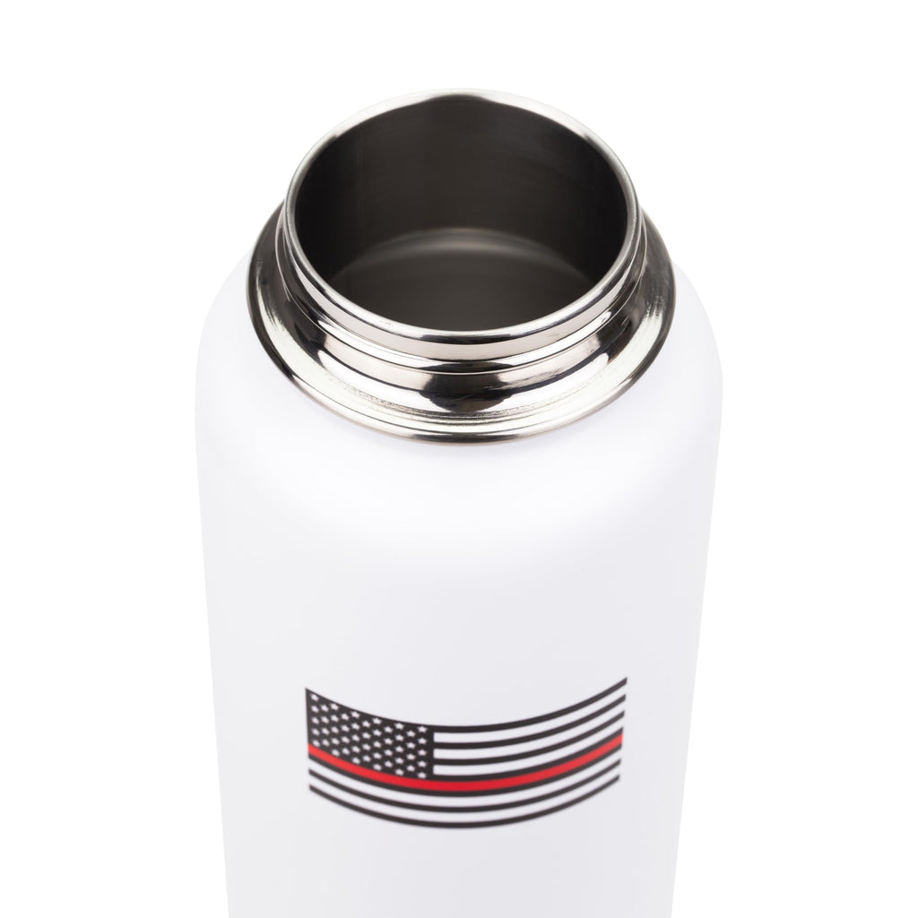 White thermos with thin red line flag design on a white background