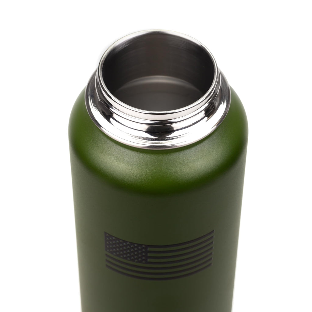 open Green thermos bottle with silver rim on a white background