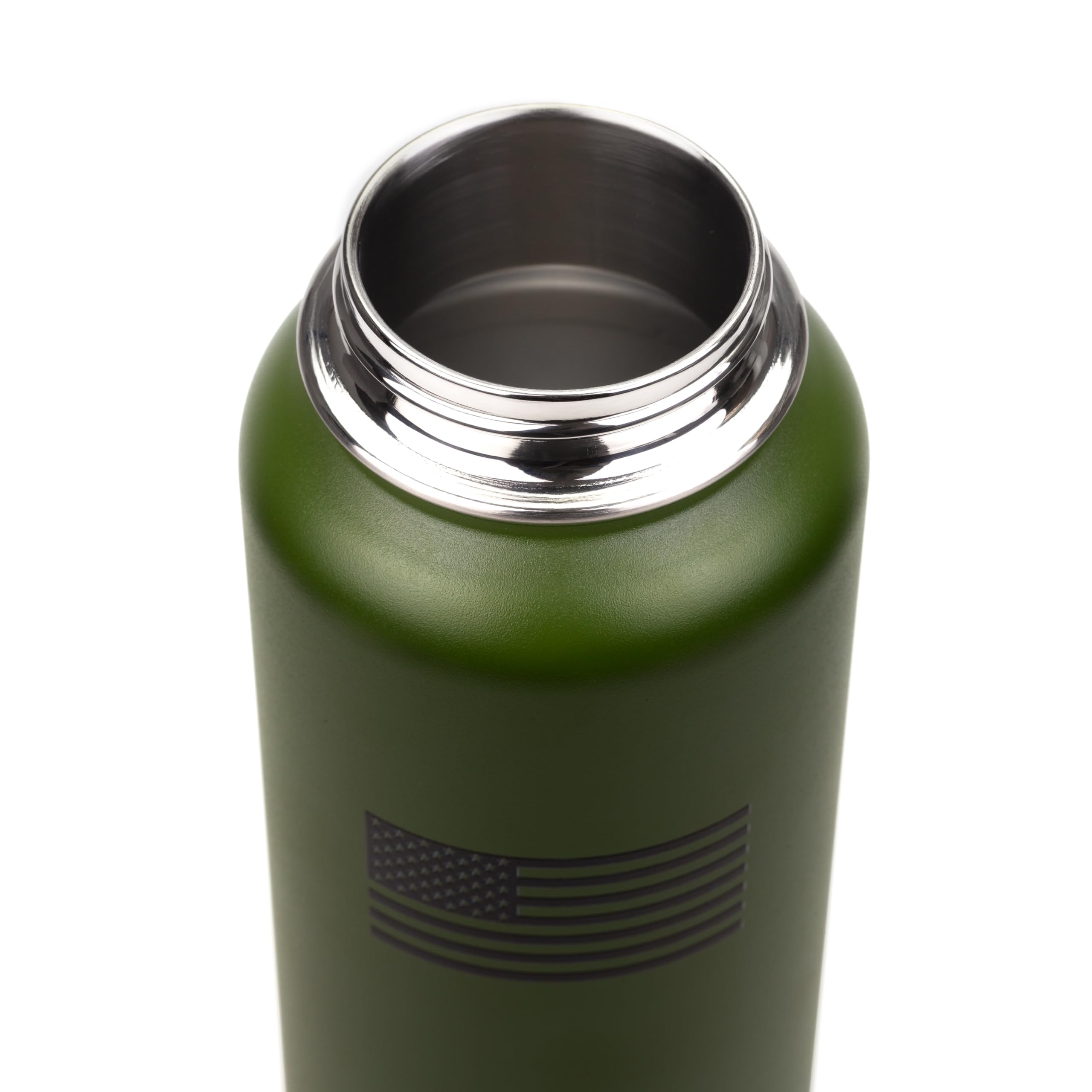 open Green thermos bottle with silver rim on a white background