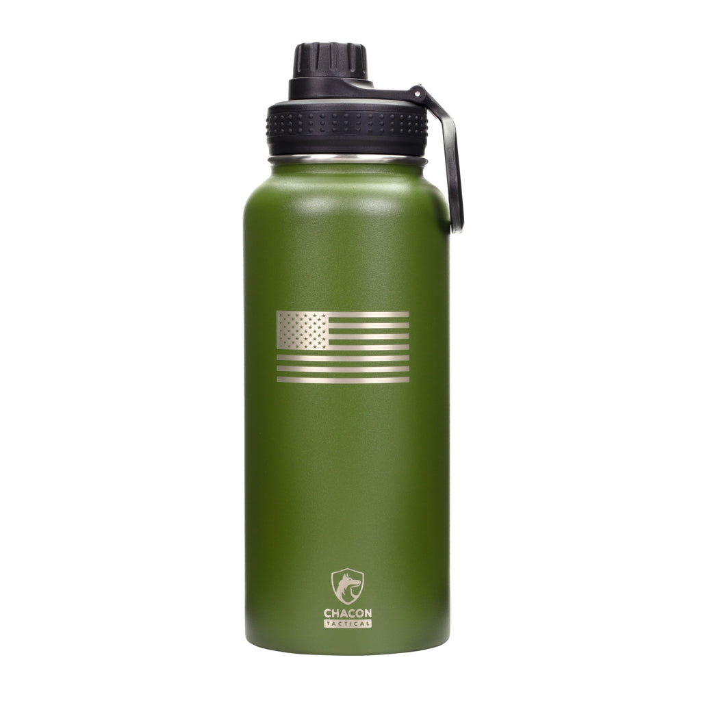 Green water bottle with black lid and silver American flag design on a white background