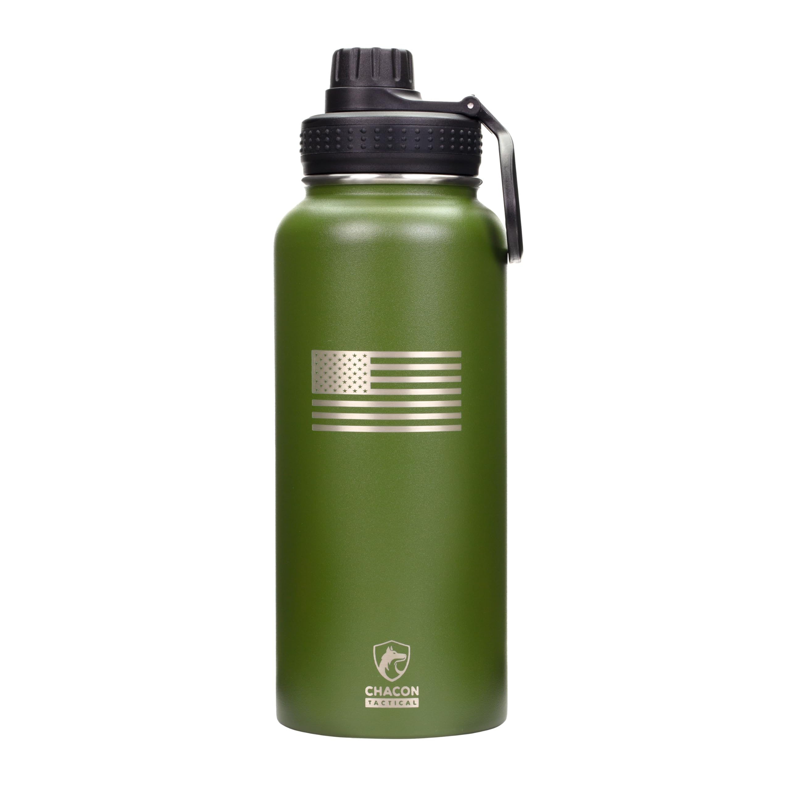 Green water bottle with black lid and silver American flag design on a white background