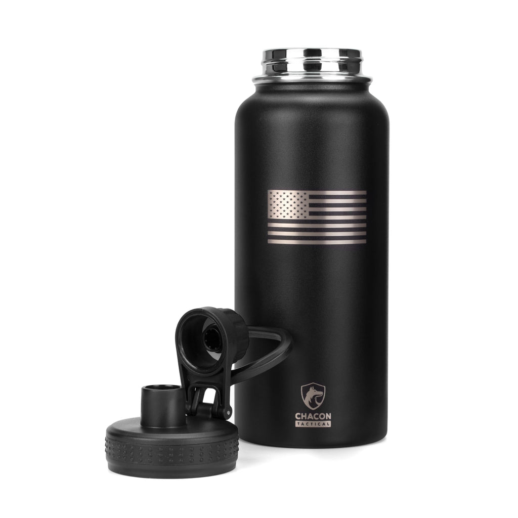 Black water bottle with silver American flag design and Chacon brand logo on a white background