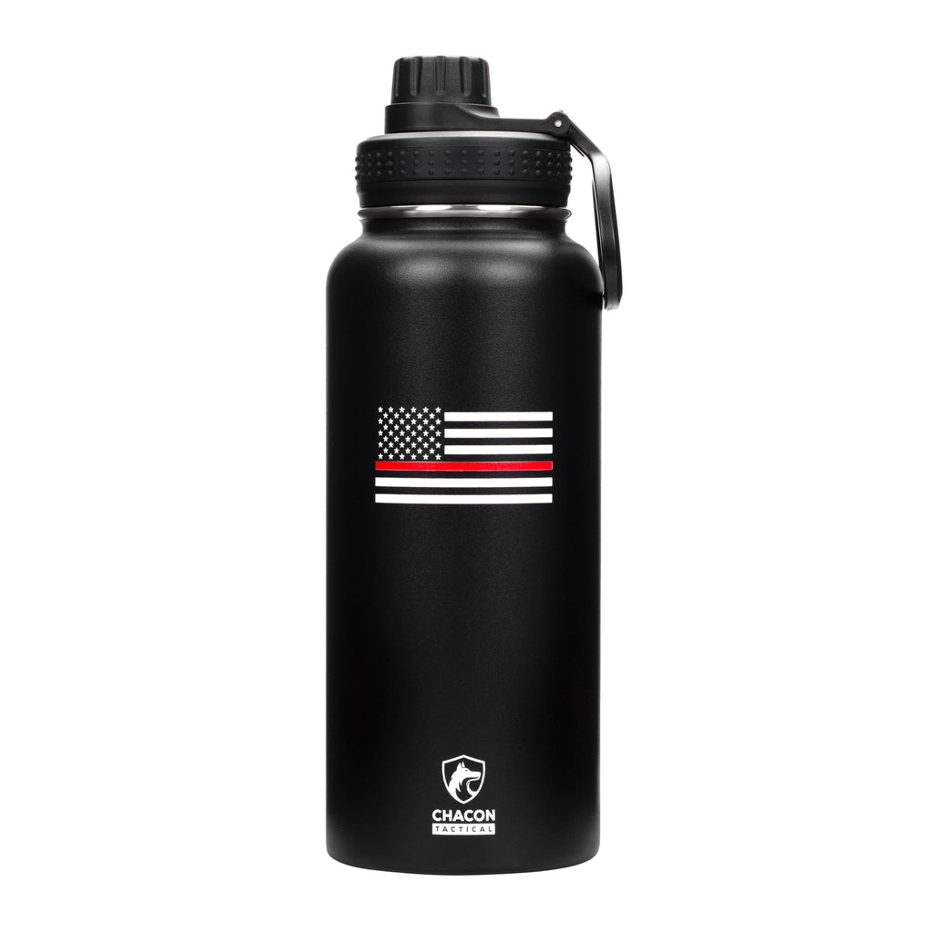 Black water bottle with thin red line flag design and 'Chacon' branding on a white background