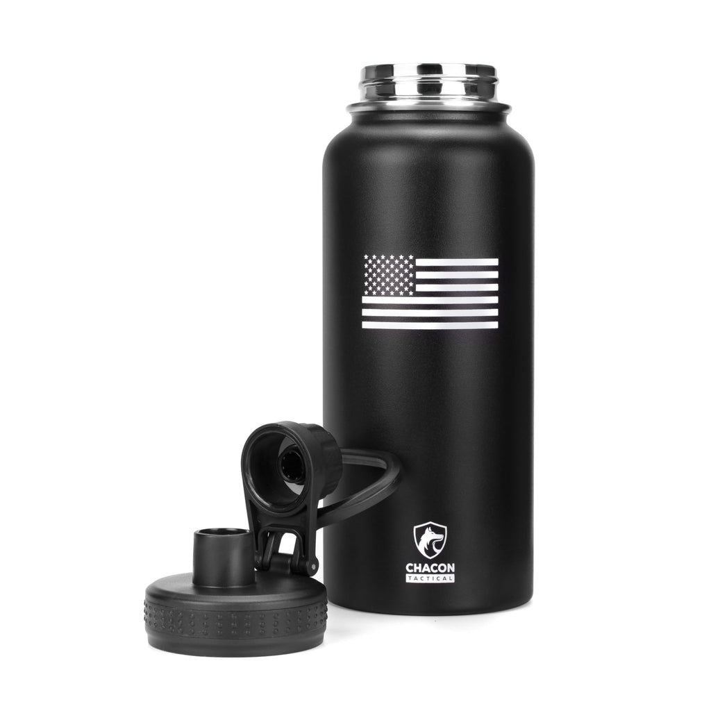 Black water bottle with American flag design and Chacon Tactical logo on a white background