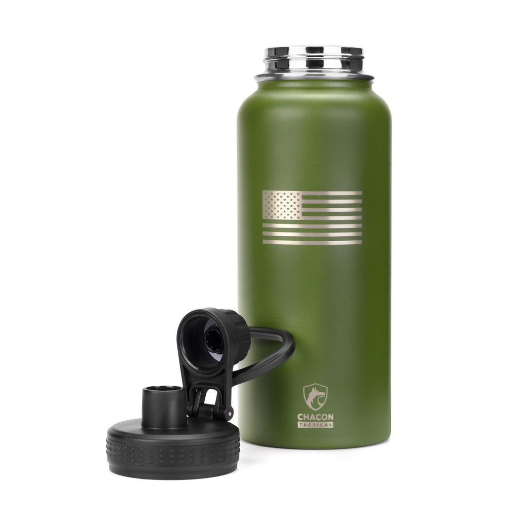 Green water bottle with a black cap on a white background