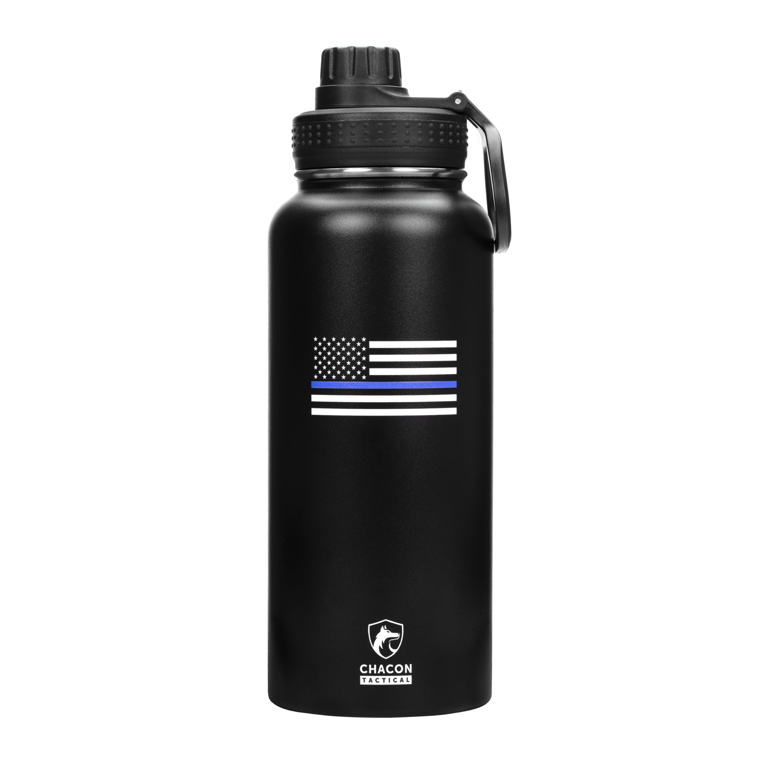 Black water bottle with  thin blue line flag design and 'Chacon Tactical' branding on a white background