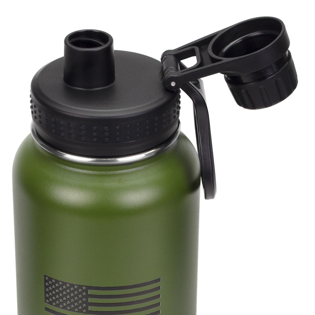 Green water bottle with black lid and handle on a white background