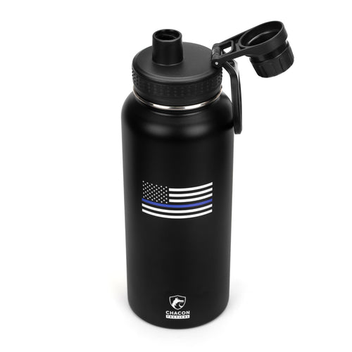 Black water bottle with thin blue line flag design and Chacon brand logo on a white background