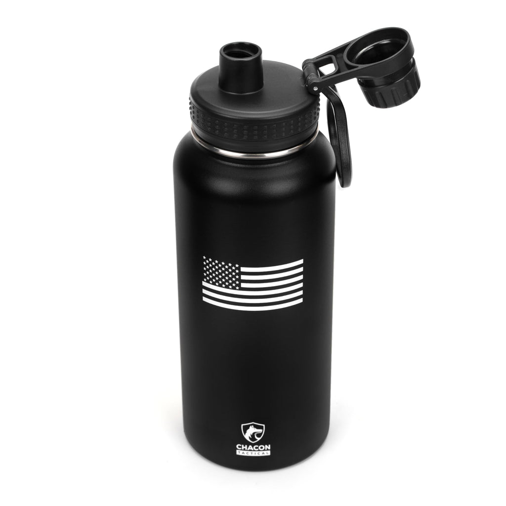 Black water bottle with American flag design and Chacon logo on a white background