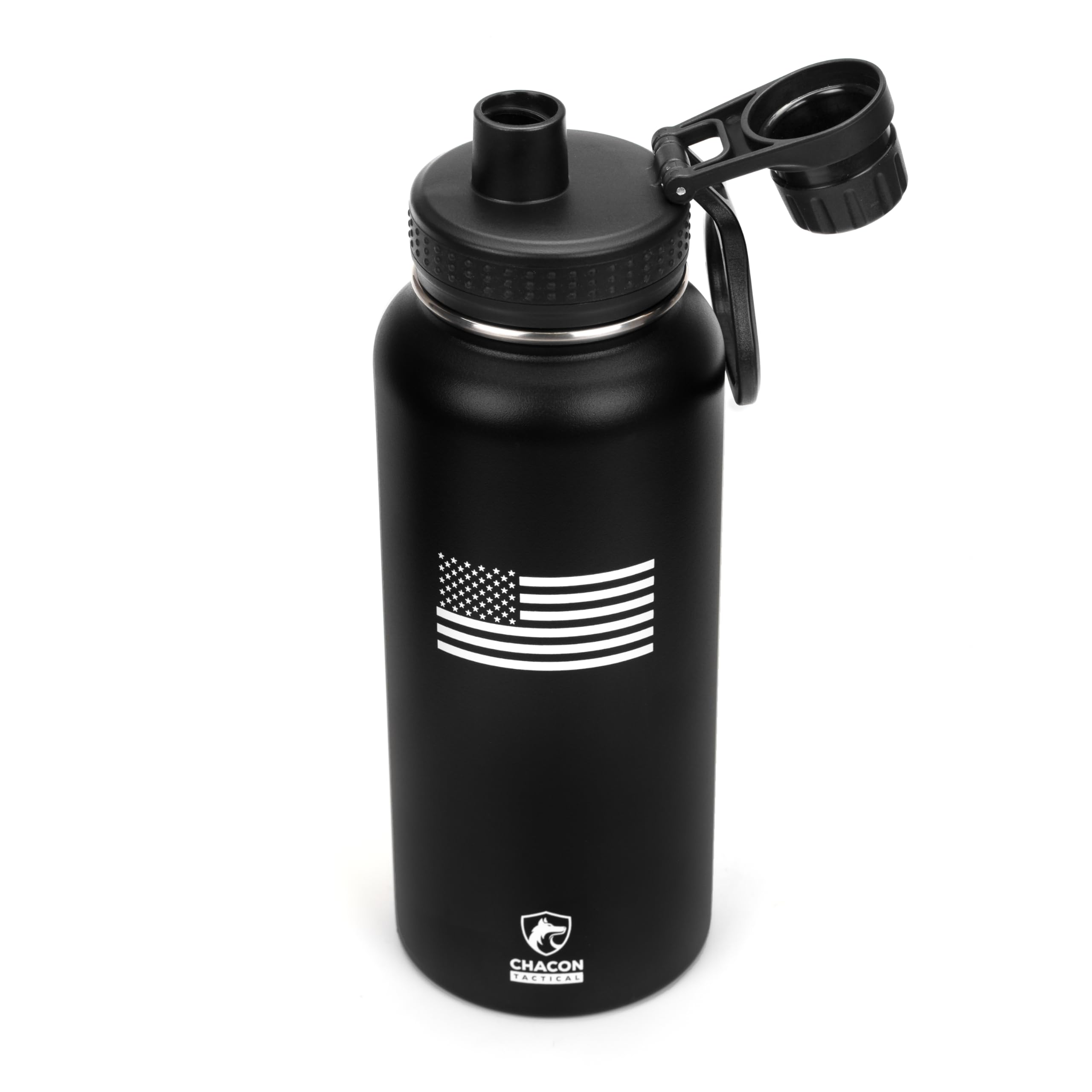 Black water bottle with American flag design and Chacon logo on a white background