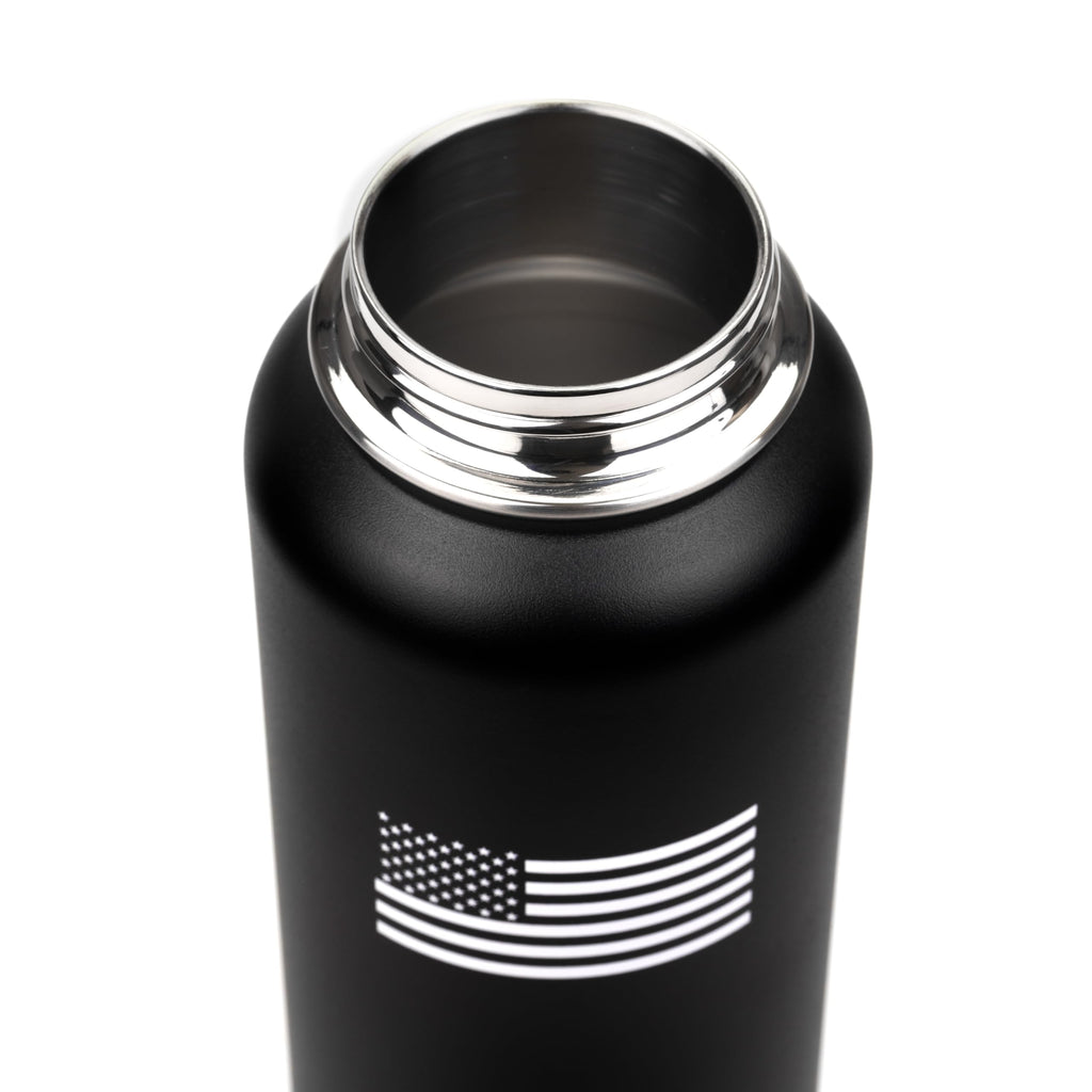 Black thermos with American flag design on a white background