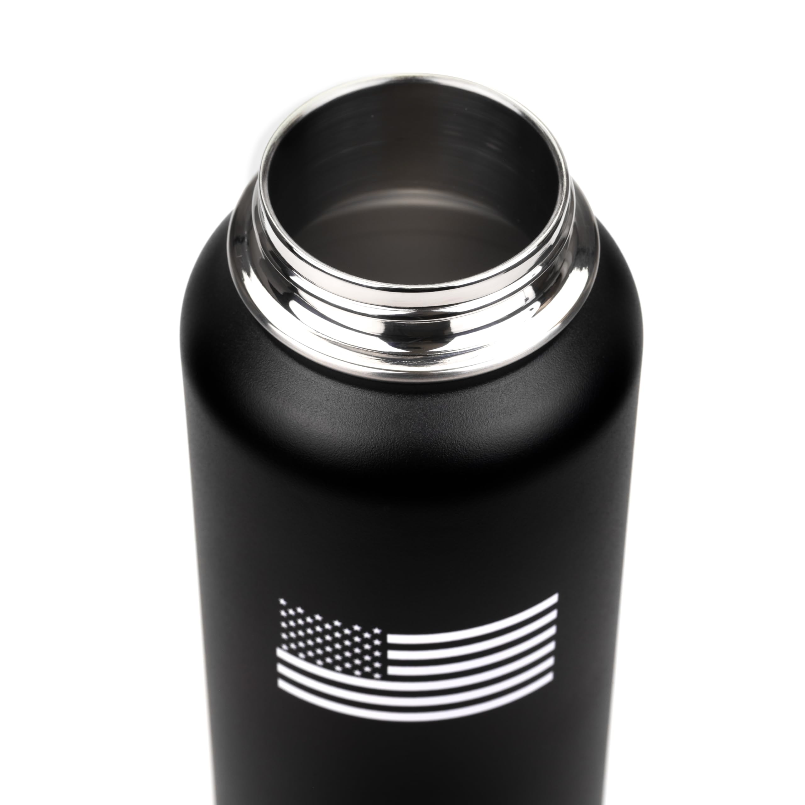 Black thermos with American flag design on a white background
