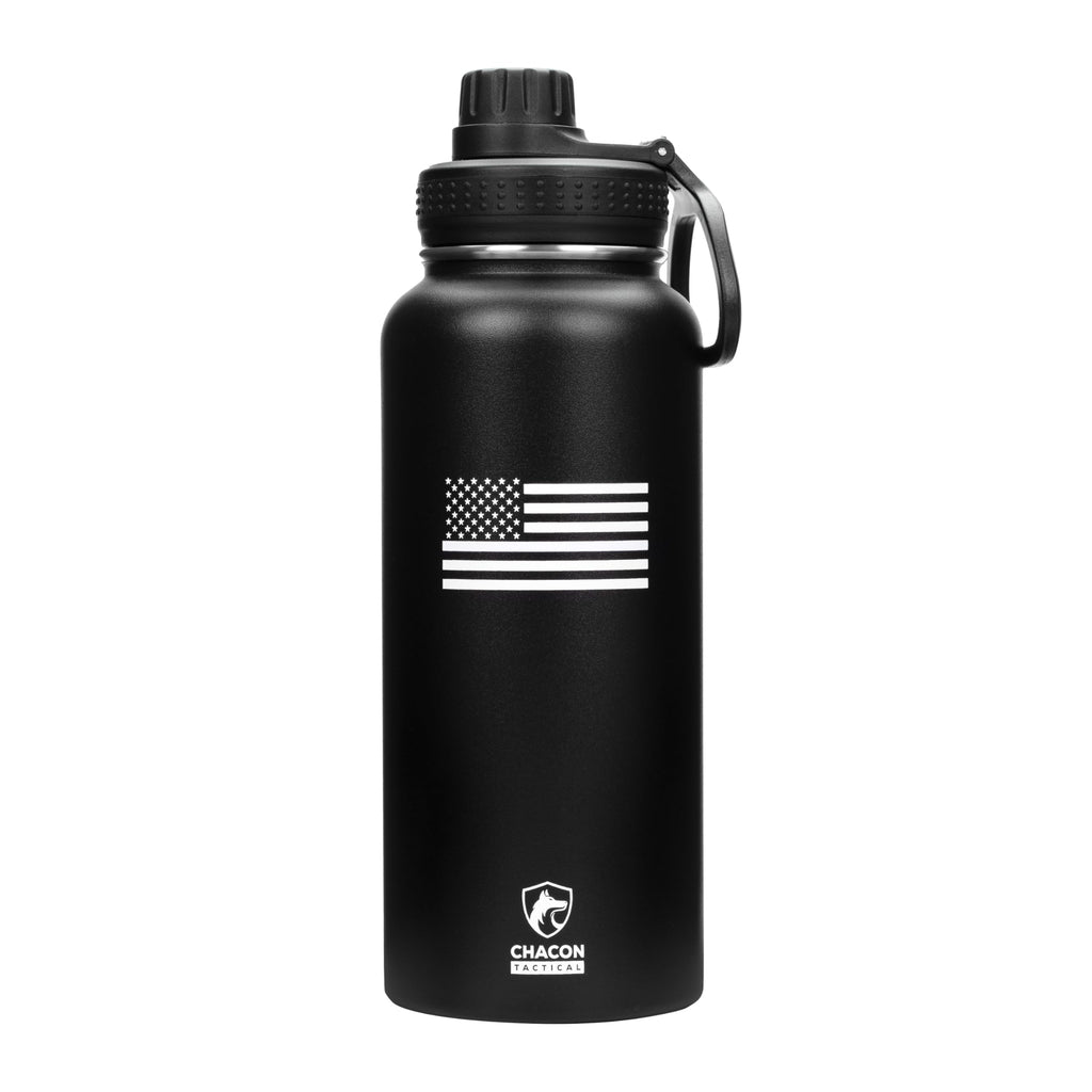 Black water bottle with American flag design and Chacon brand logo on a white background