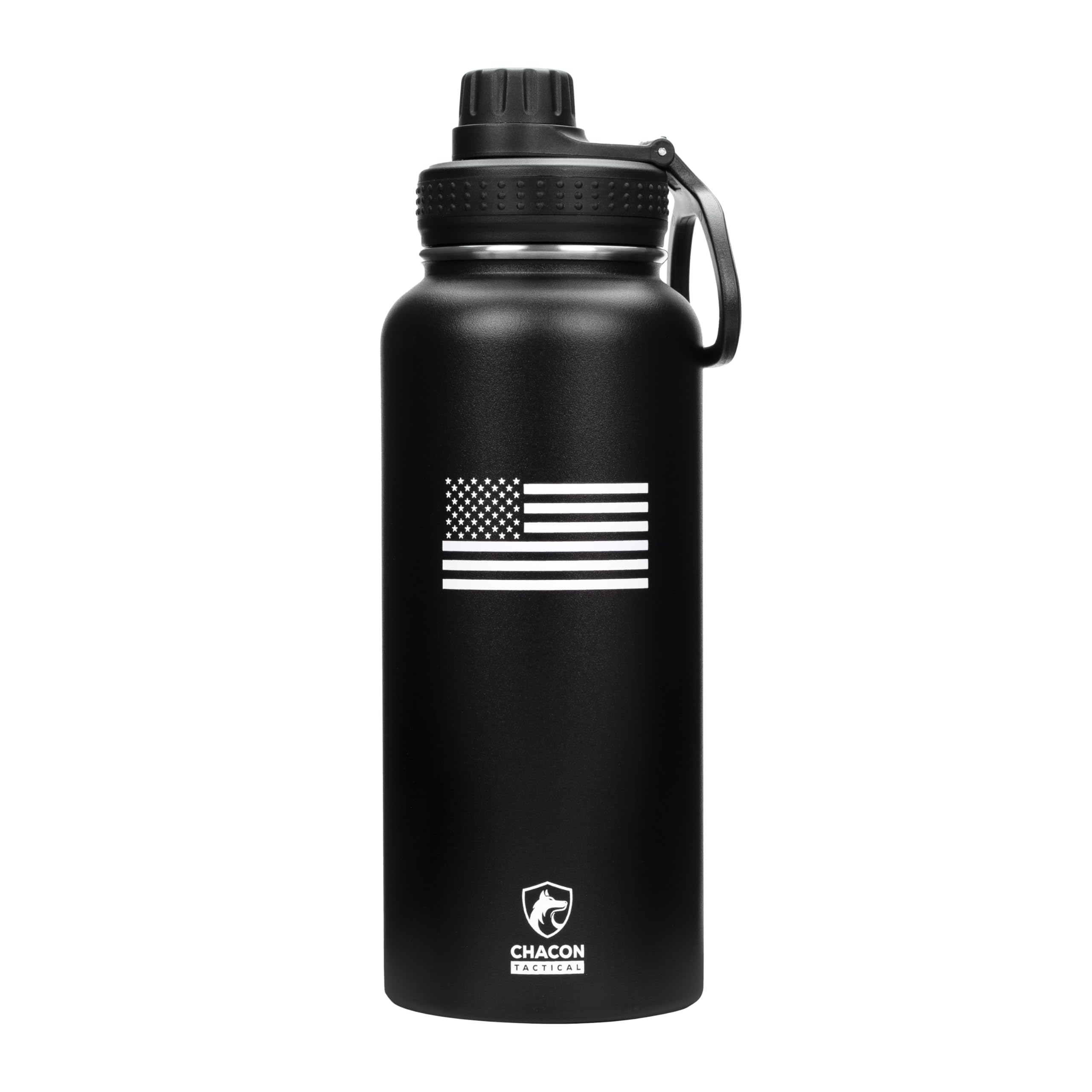 Black water bottle with American flag design and Chacon brand logo on a white background