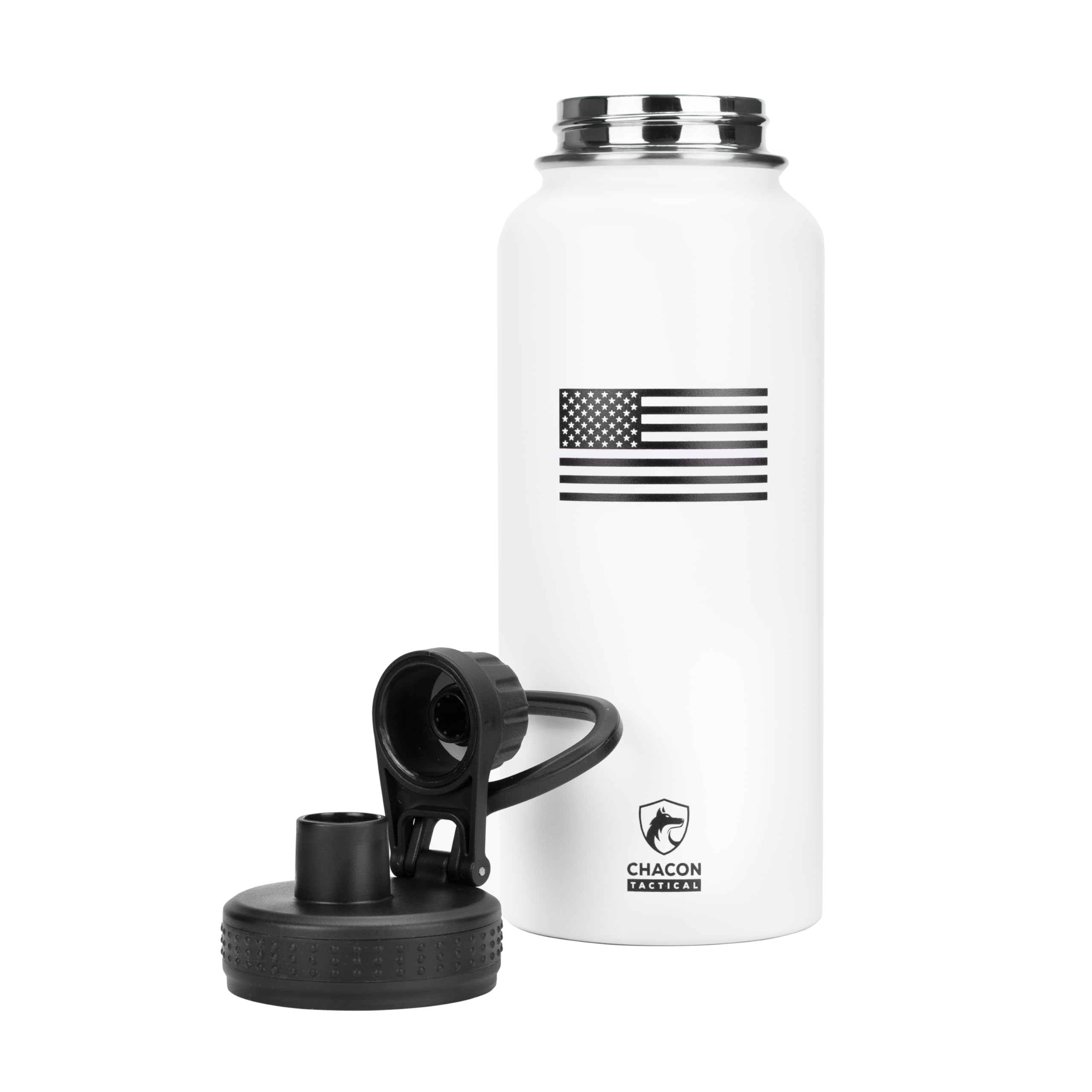 White thermos with black American flag design on a white background