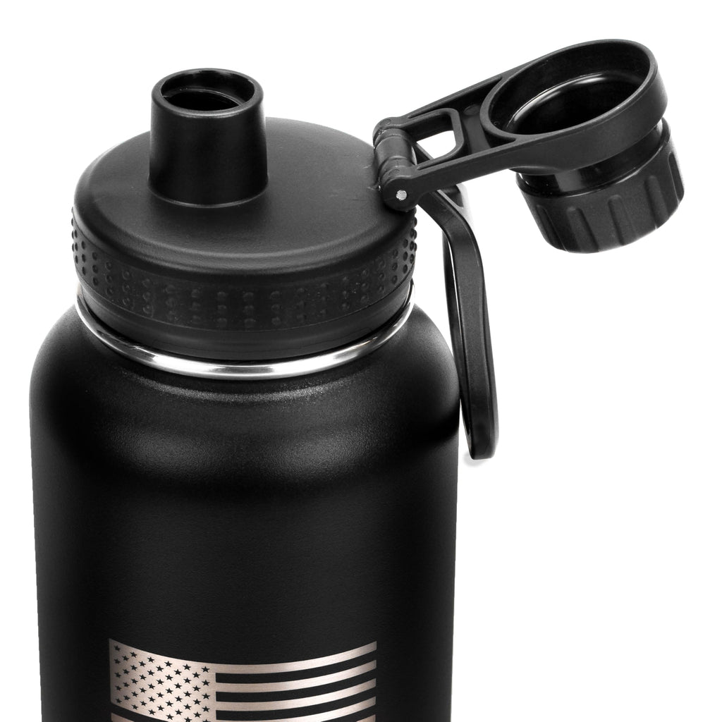 Black water bottle with a flip lid on a white background