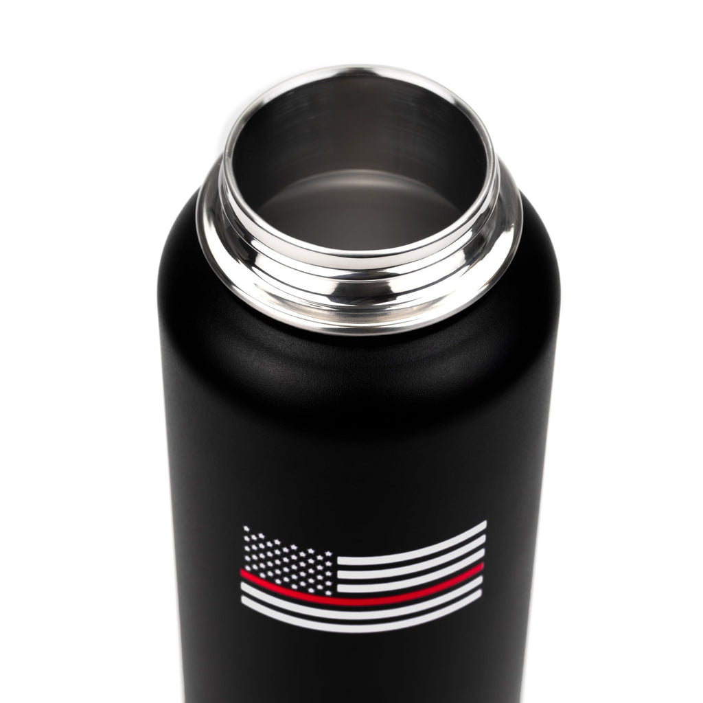 Black water bottle with thin red line flag design on a white background