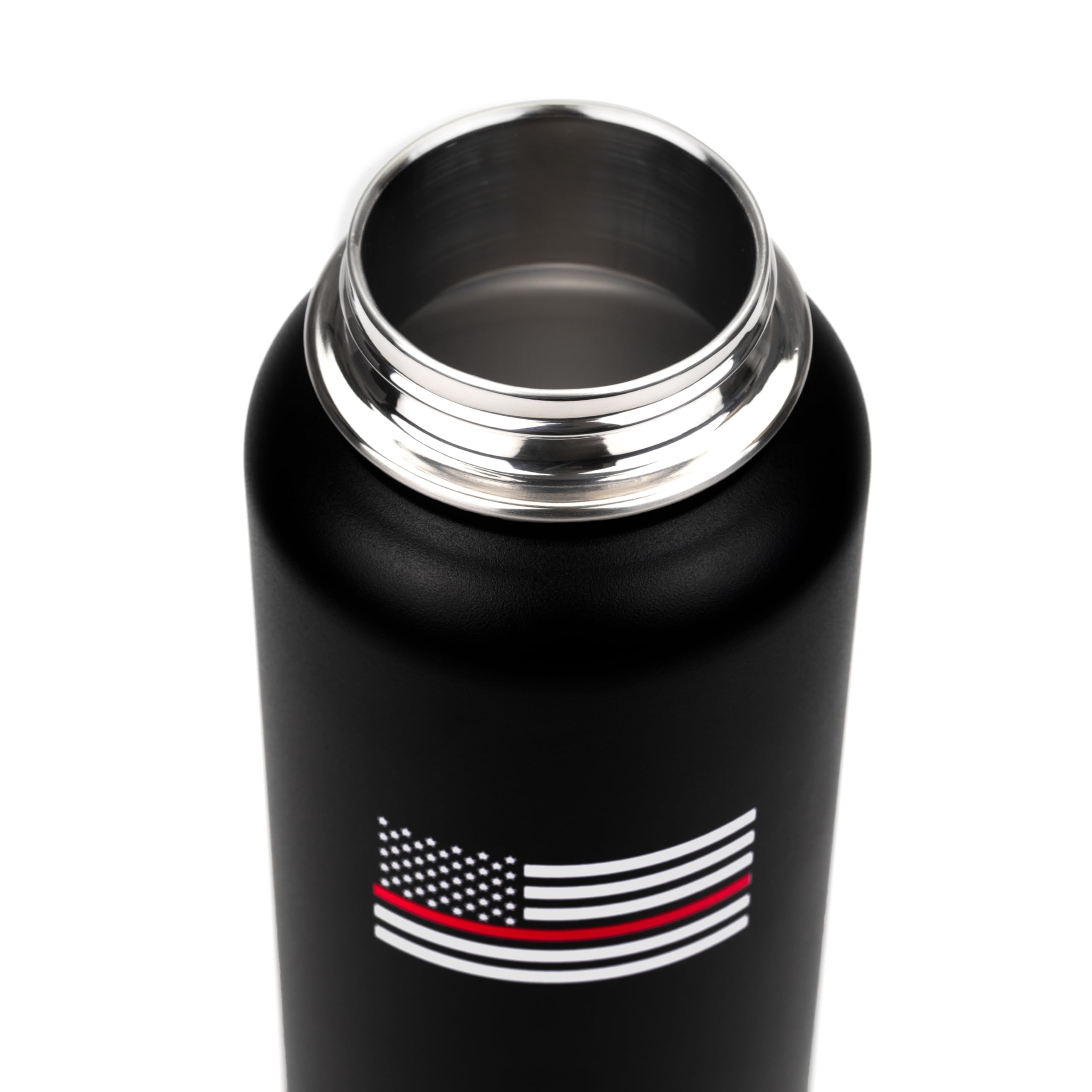 Black water bottle with thin red line flag design on a white background