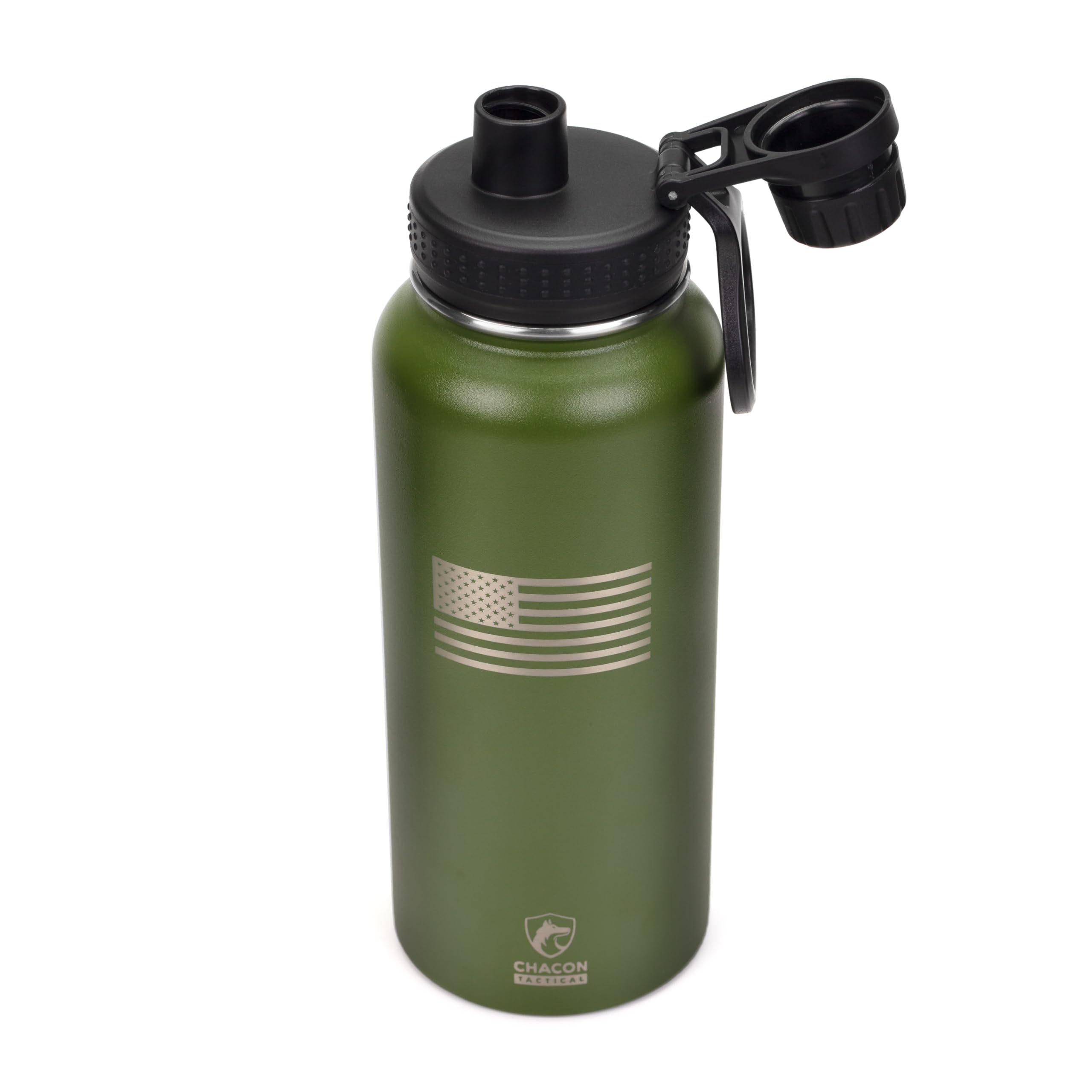 Green water bottle with black lid and silver USA flag design on a white background