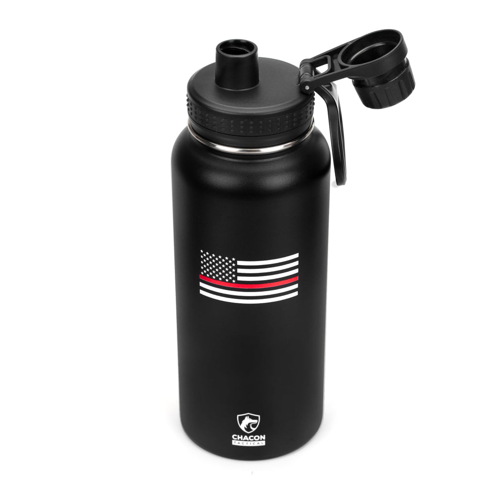 Black water bottle with thin red line flag design and Chacon Sports logo on a white background
