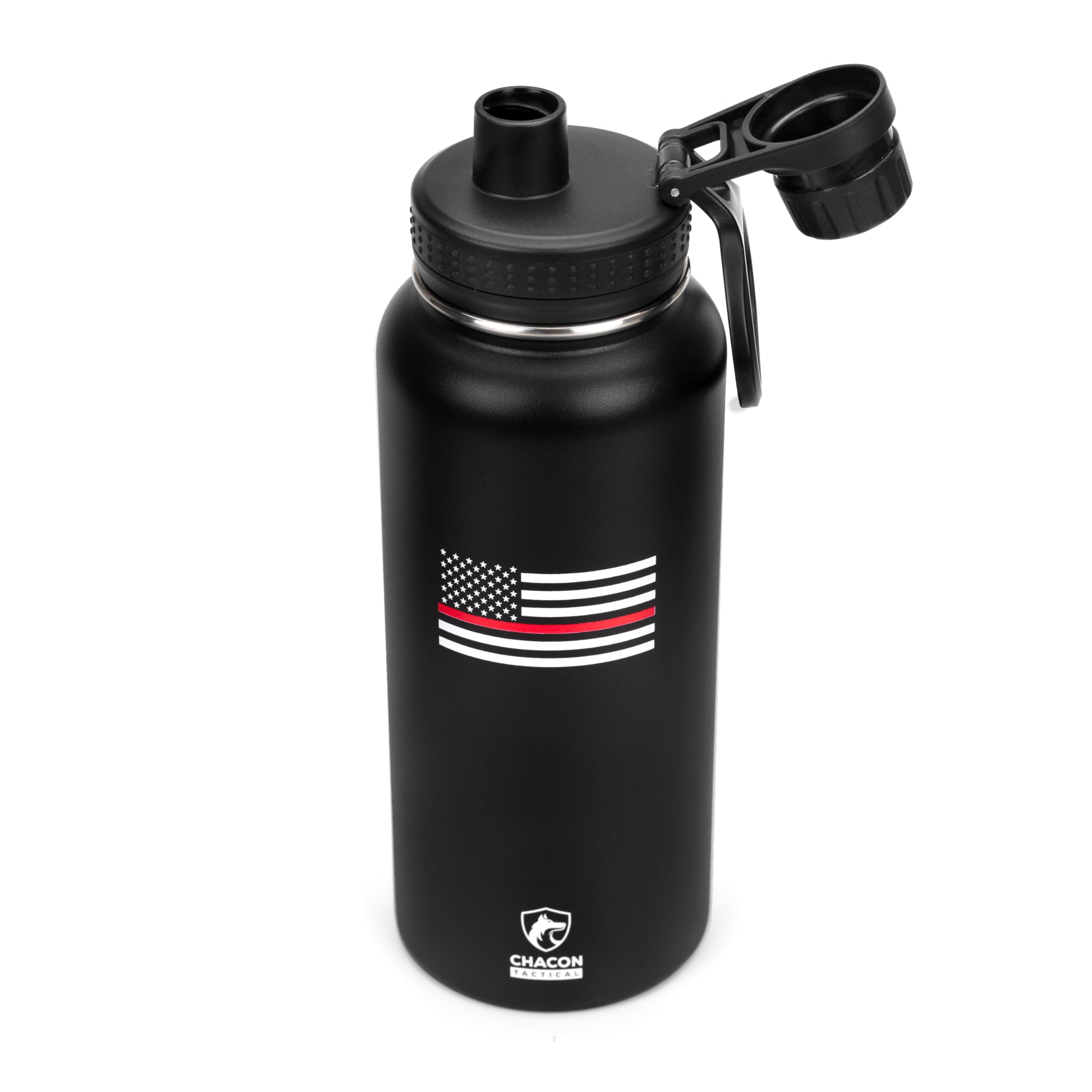 Black water bottle with thin red line flag design and Chacon Sports logo on a white background