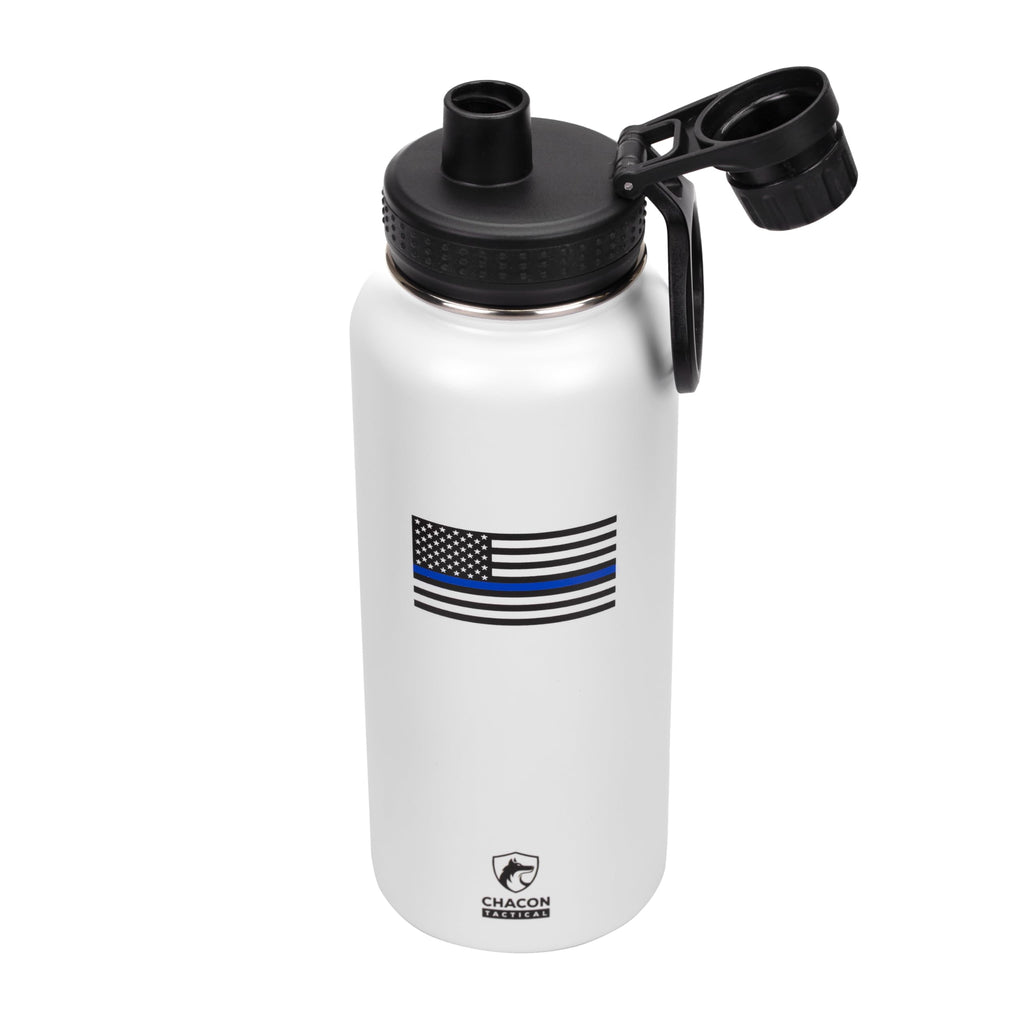 White thermos with a thin blue line flag design on a white background