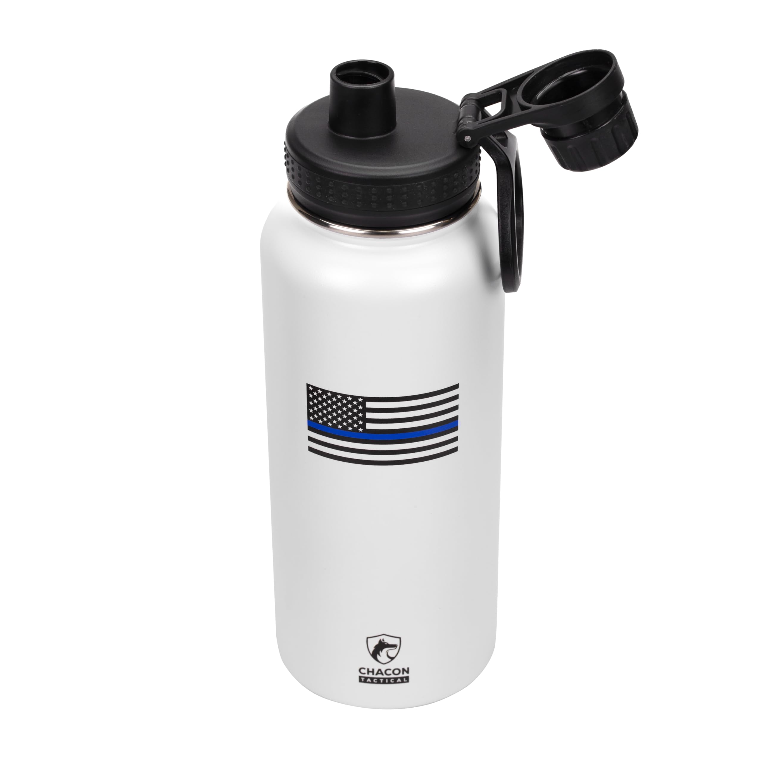White thermos with a thin blue line flag design on a white background